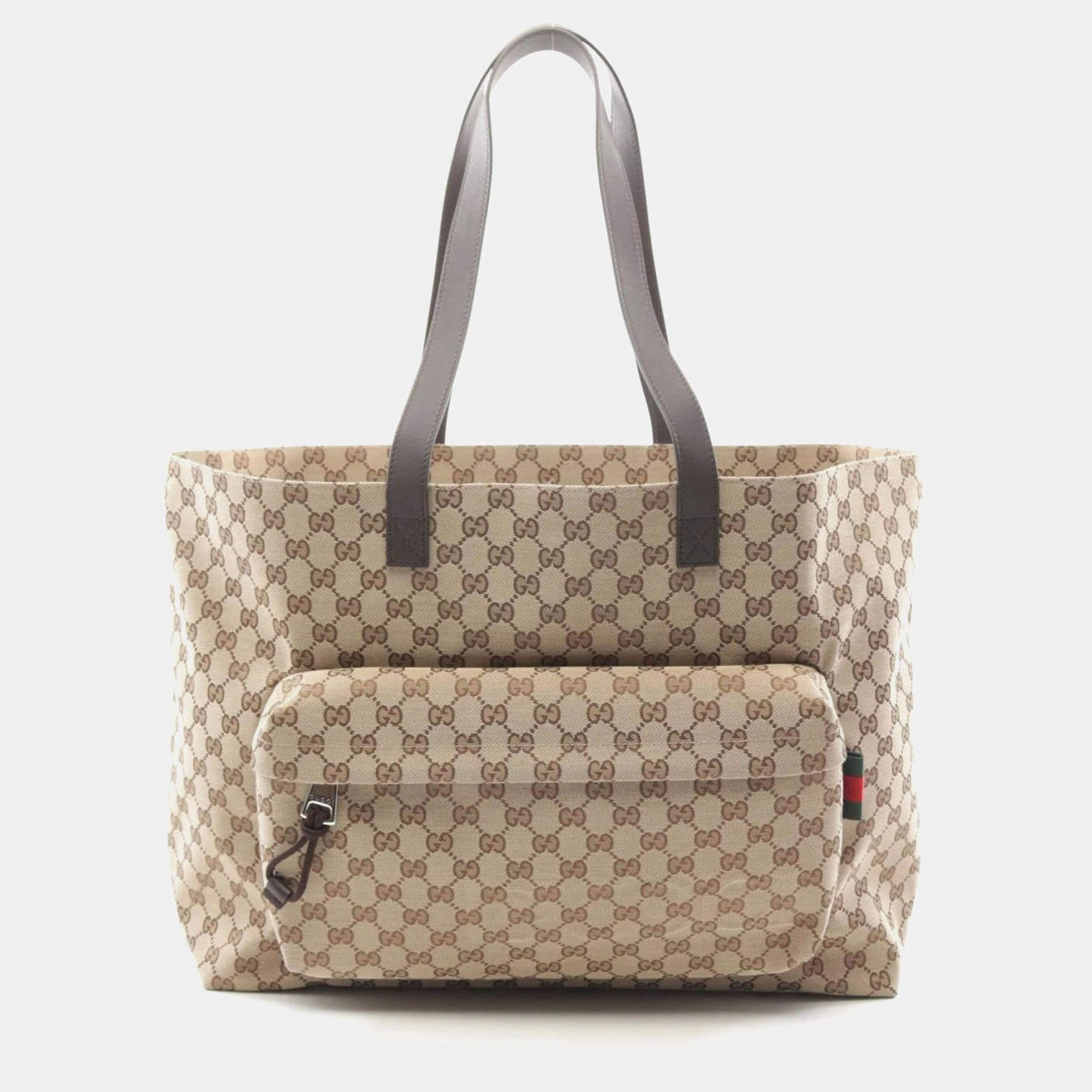 Gucci GG Large Beige/Brown Canvas Leather Tote