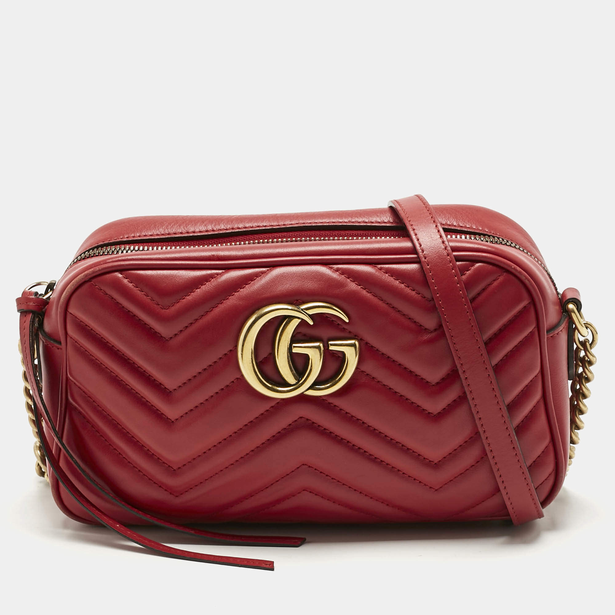 Gucci Red Matelassé Leather Small GG Marmont Camera Bag