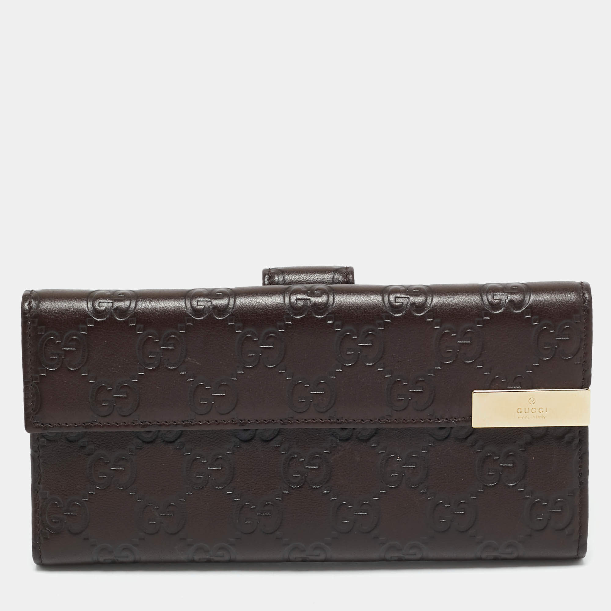 Gucci Dark Brown Guccissima Leather Metal Flap Continental Wallet