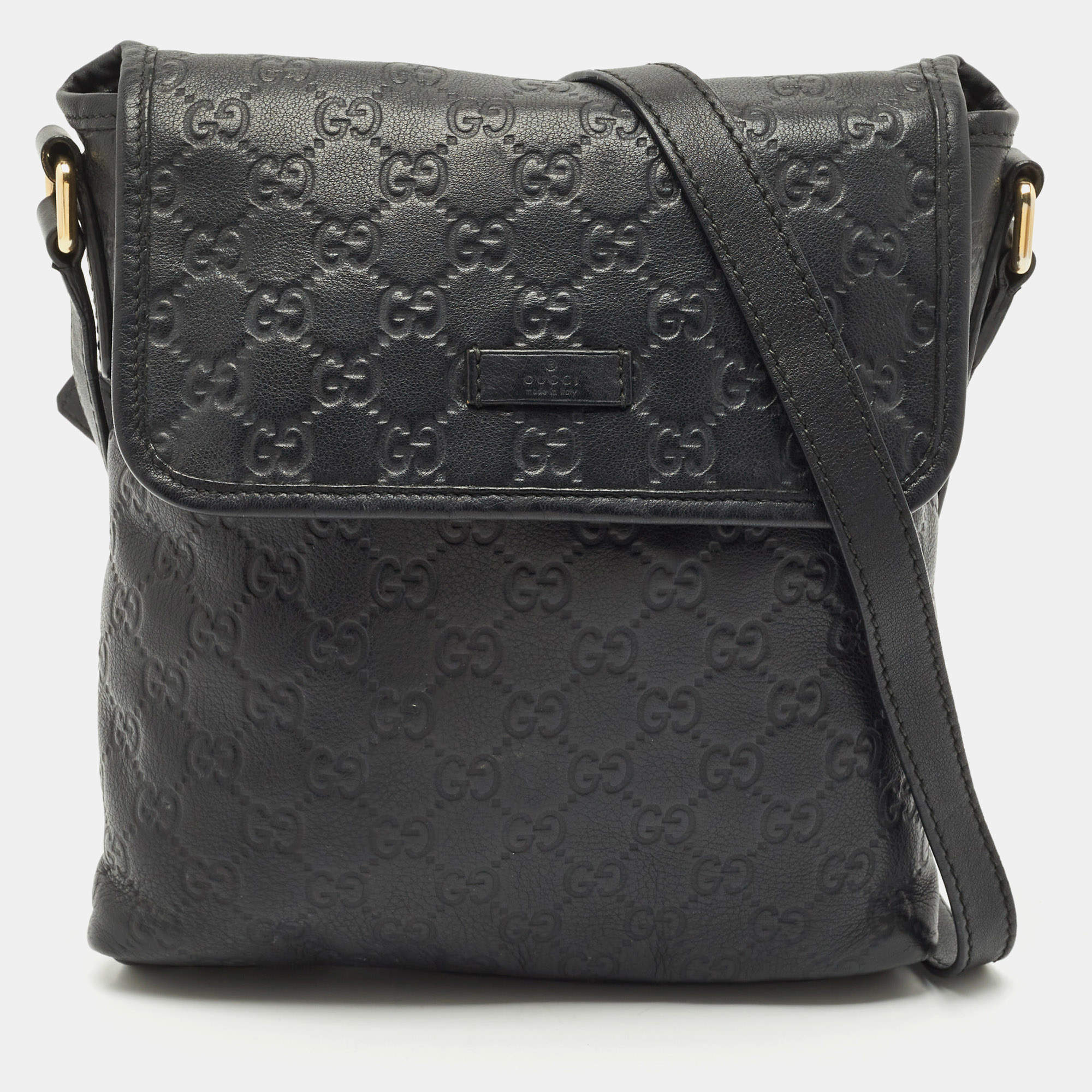 Pre Owned Gucci Black Guccissima Leather Flap Messenger Bag