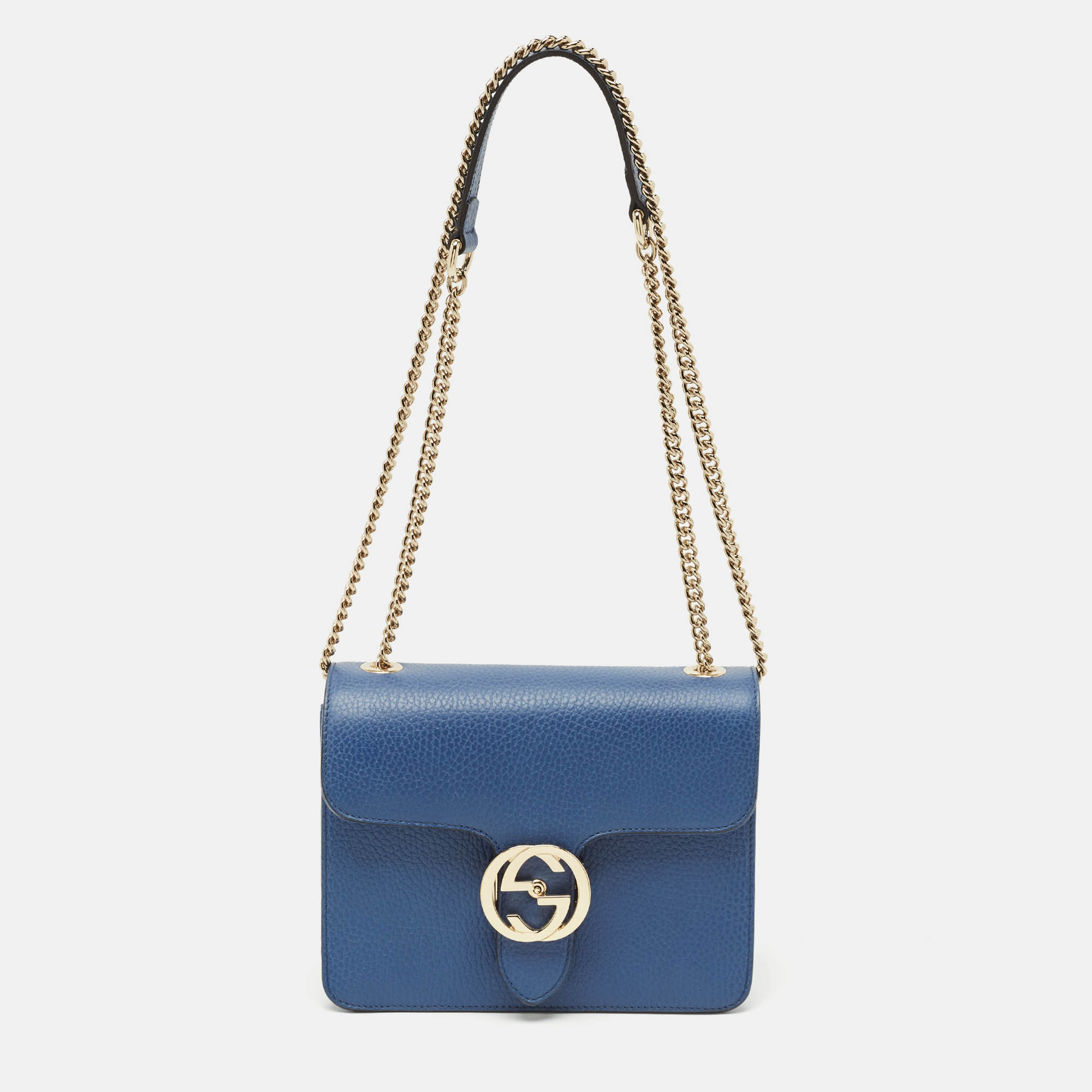 Gucci Blue Leather Dollar Interlocking G Flap Crossbody Bag