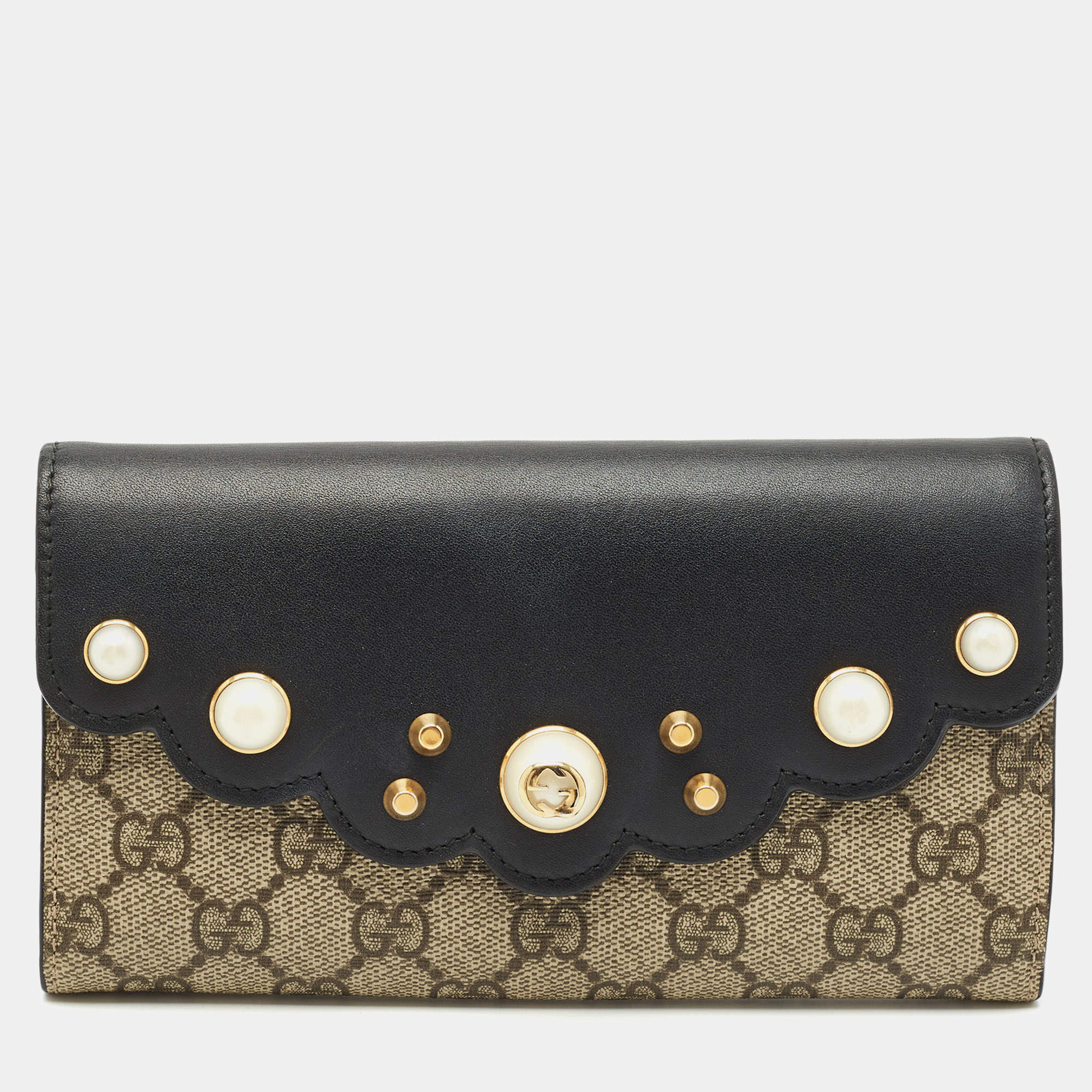 Gucci Black/Beige Leather and GG Supreme Canvas Peony Pearly Continental Wallet