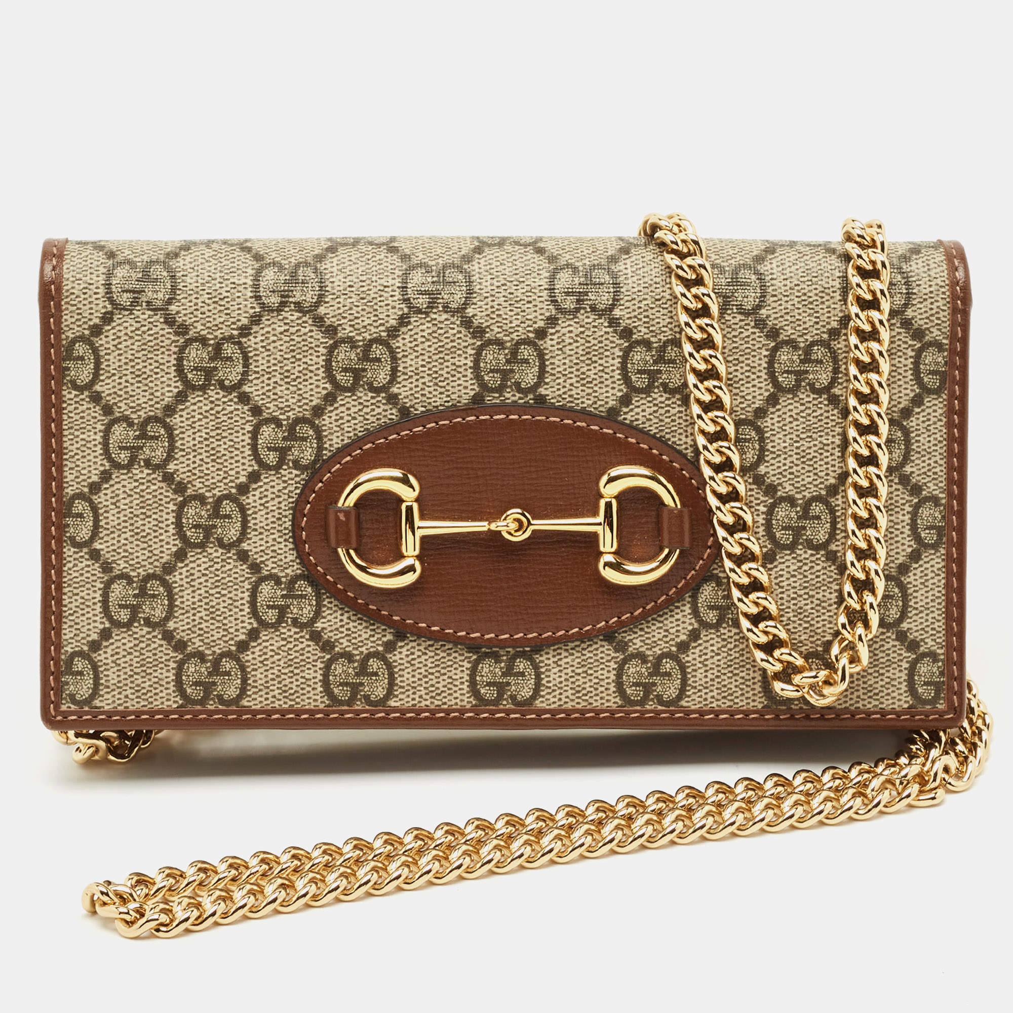 Gucci Beige/Brown GG Supreme Canvas Horsebit 1955 Wallet on Chain