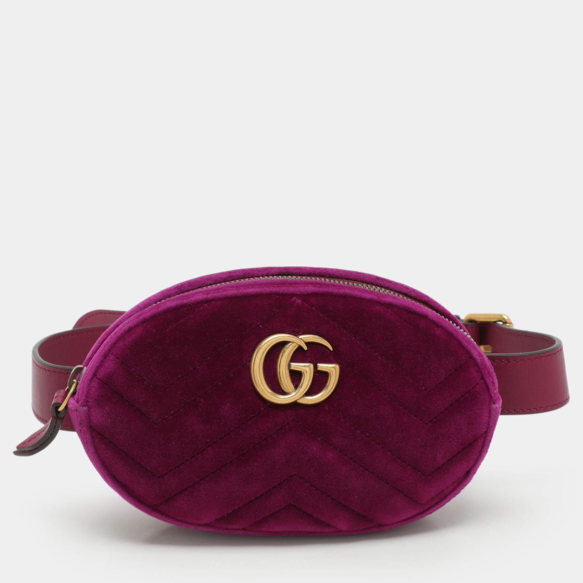 Pre Owned Gucci Purple Matelassé Velvet Mini GG Marmont Belt Bag