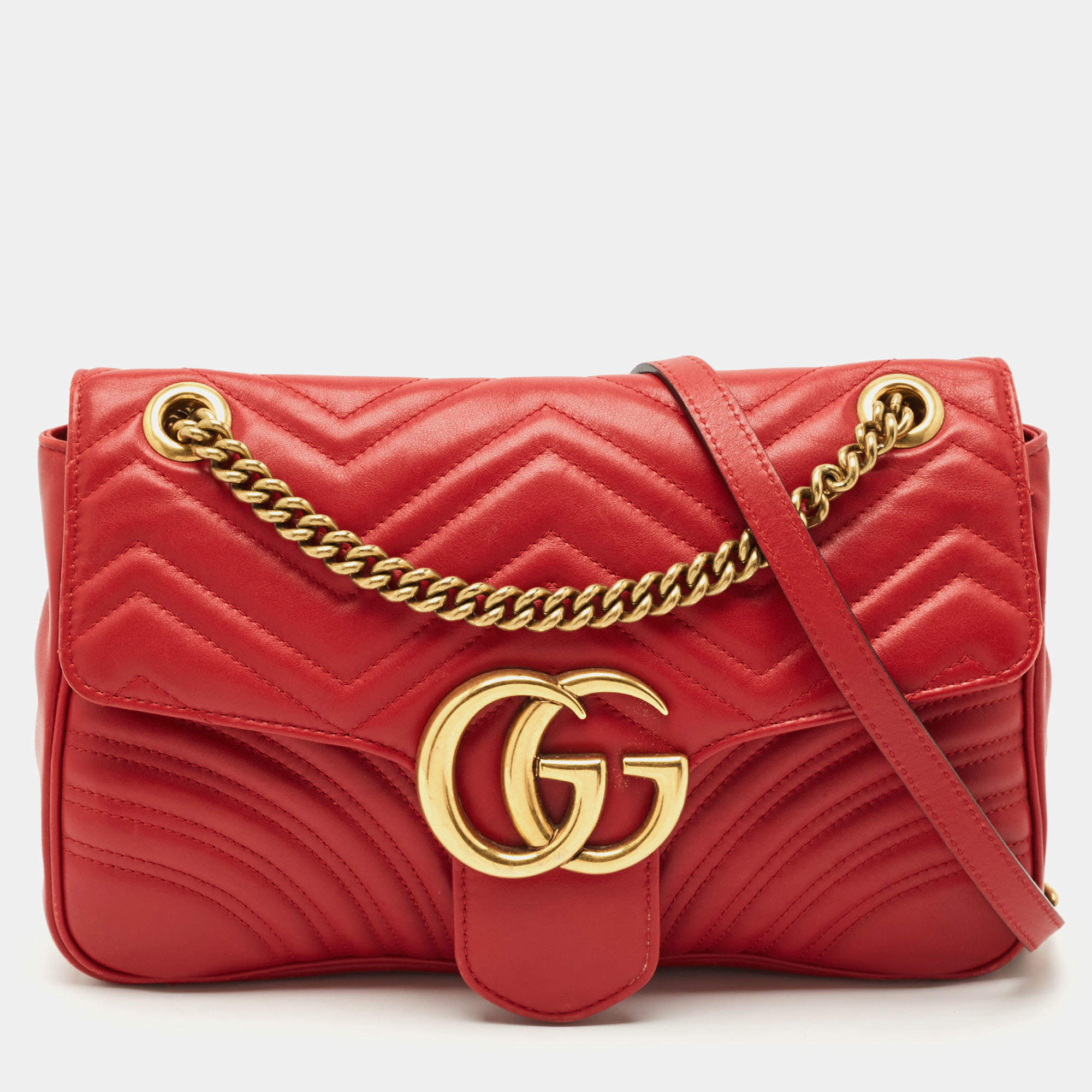 Gucci Red Matelasse Leather Medium GG Marmont Shoulder Bag