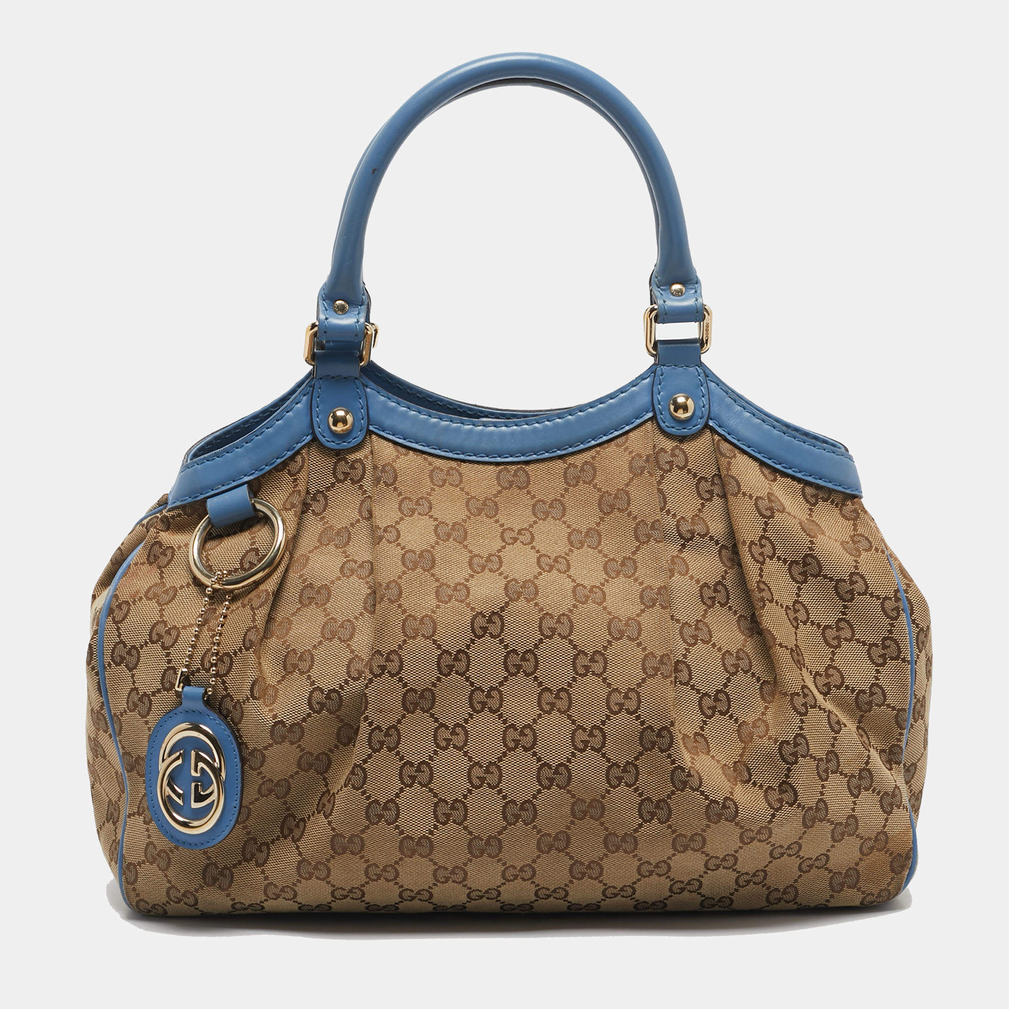 Pre Owned Gucci Blue/Beige GG Canvas and Leather Medium Sukey Tote