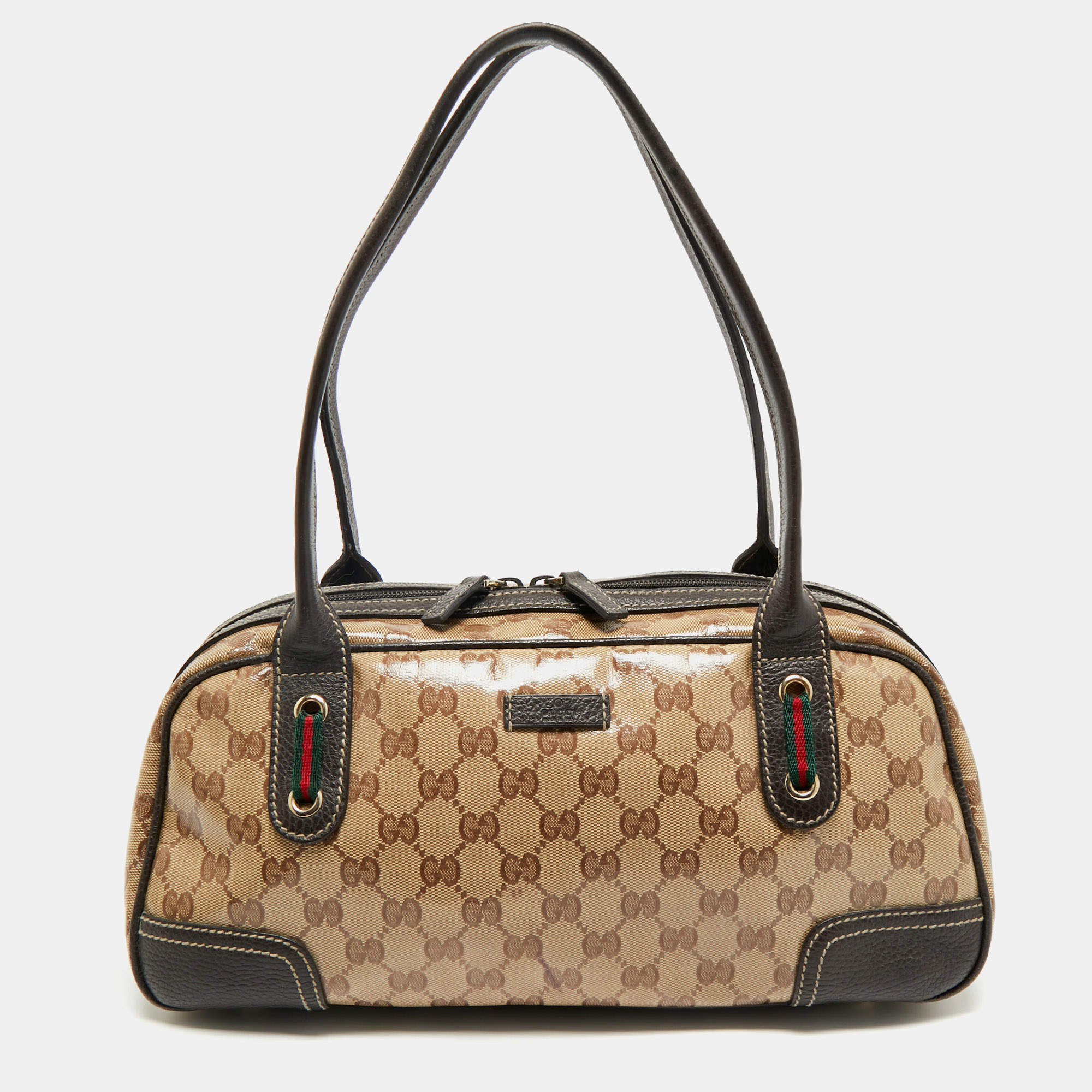 Pre Owned Gucci Beige/Brown GG Crystal Canvas and Leather Princy Boston Bag