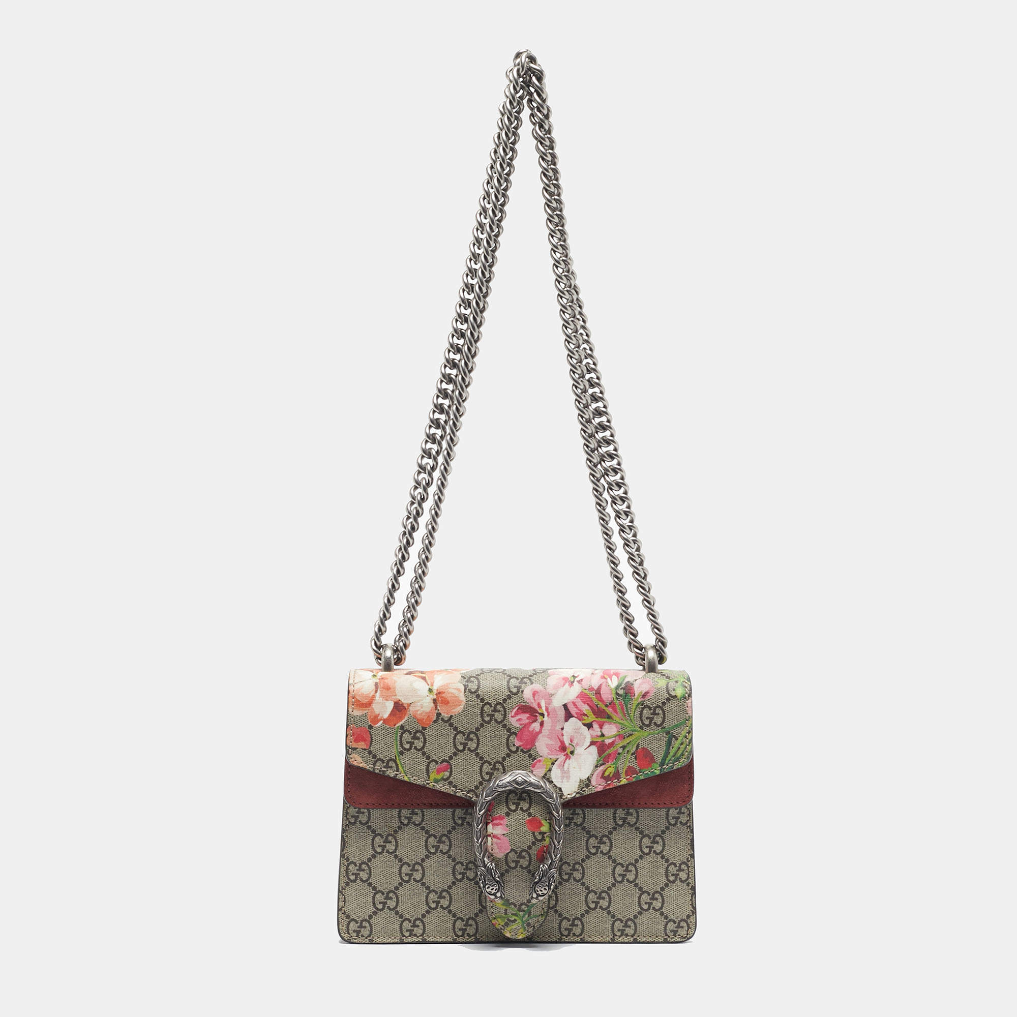 Pre Owned Gucci Beige/Maroon GG Supreme Blooms Canvas and Suede Mini Dionysus Shoulder Bag