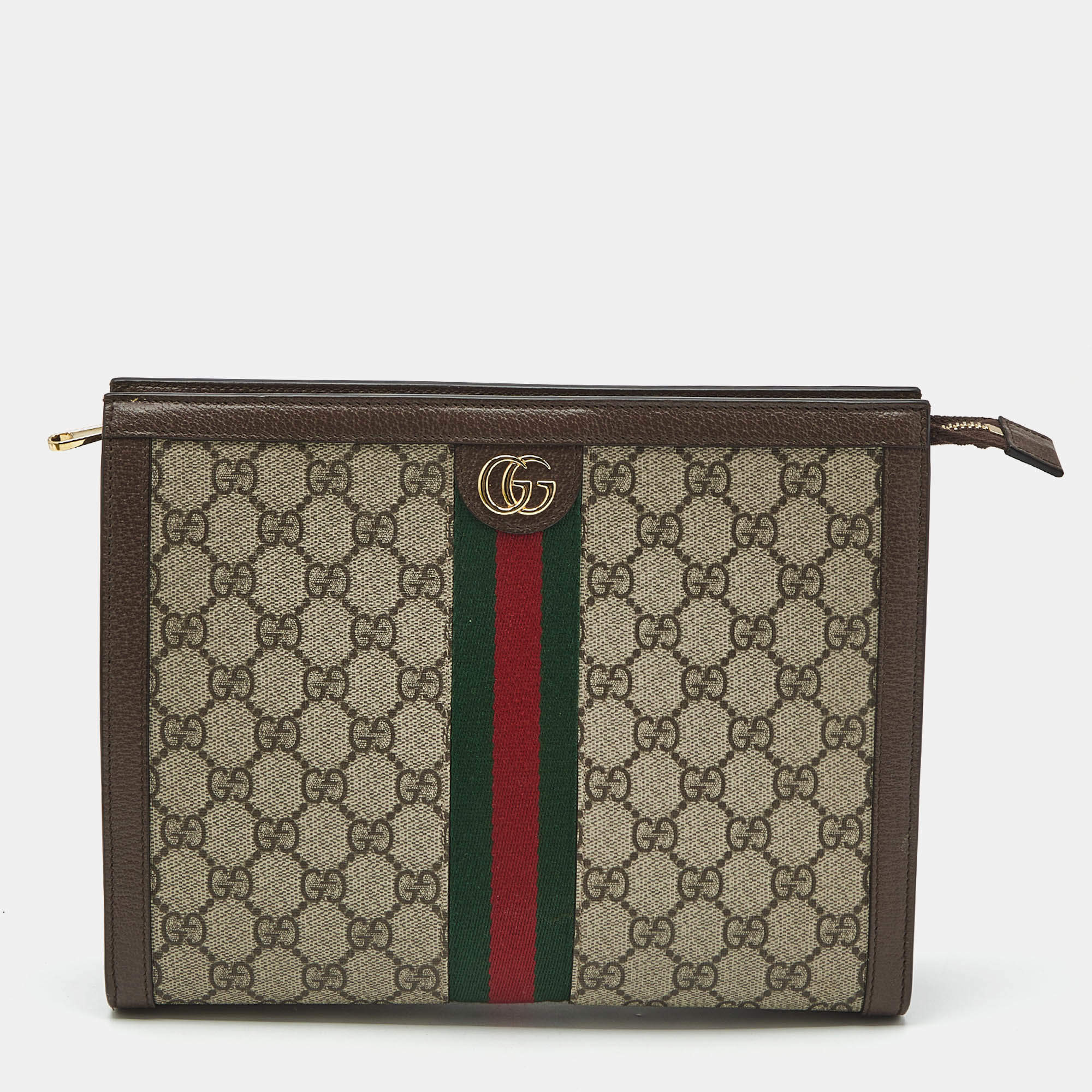 Pre Owned حقيبة كلتش غوتشي أوفيديا قماش GG سوبريم بيج/بنية وجلد