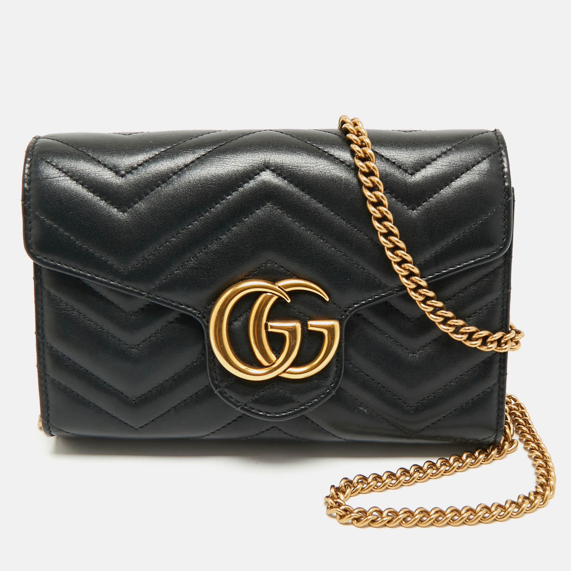 Pre Owned Gucci Black Matelassé Leather GG Marmont Wallet on Chain