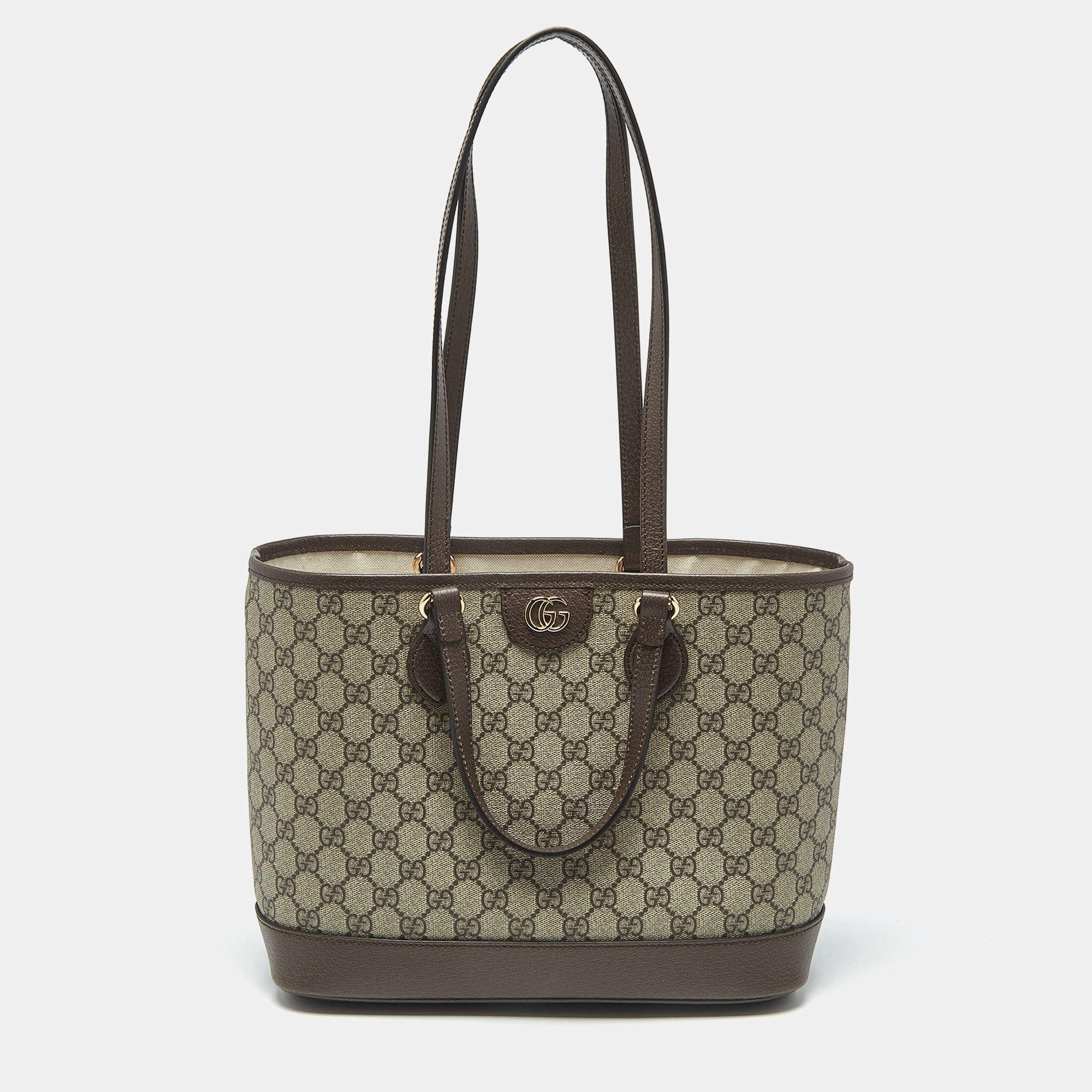 مملوكة مسبقًا حقيبة يد غوتشي أوفيديا جلد وكانفاس جي جي سوبريم بيج / بنية متوسطة الحجم