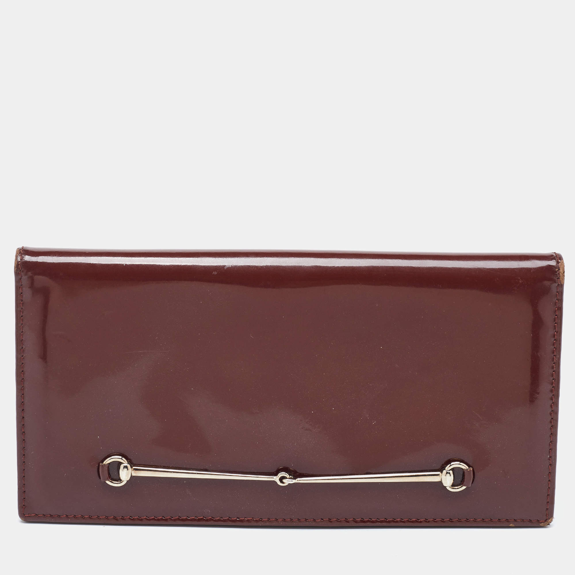 Pre Owned Gucci Brown Patent Leather Horsebit Slim Continental Wallet