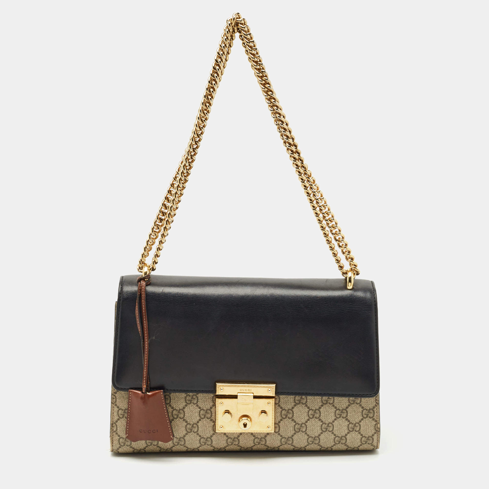 Pre Owned Gucci Beige/Black GG Supreme Canvas and Leather Medium Padlock Shoulder Bag