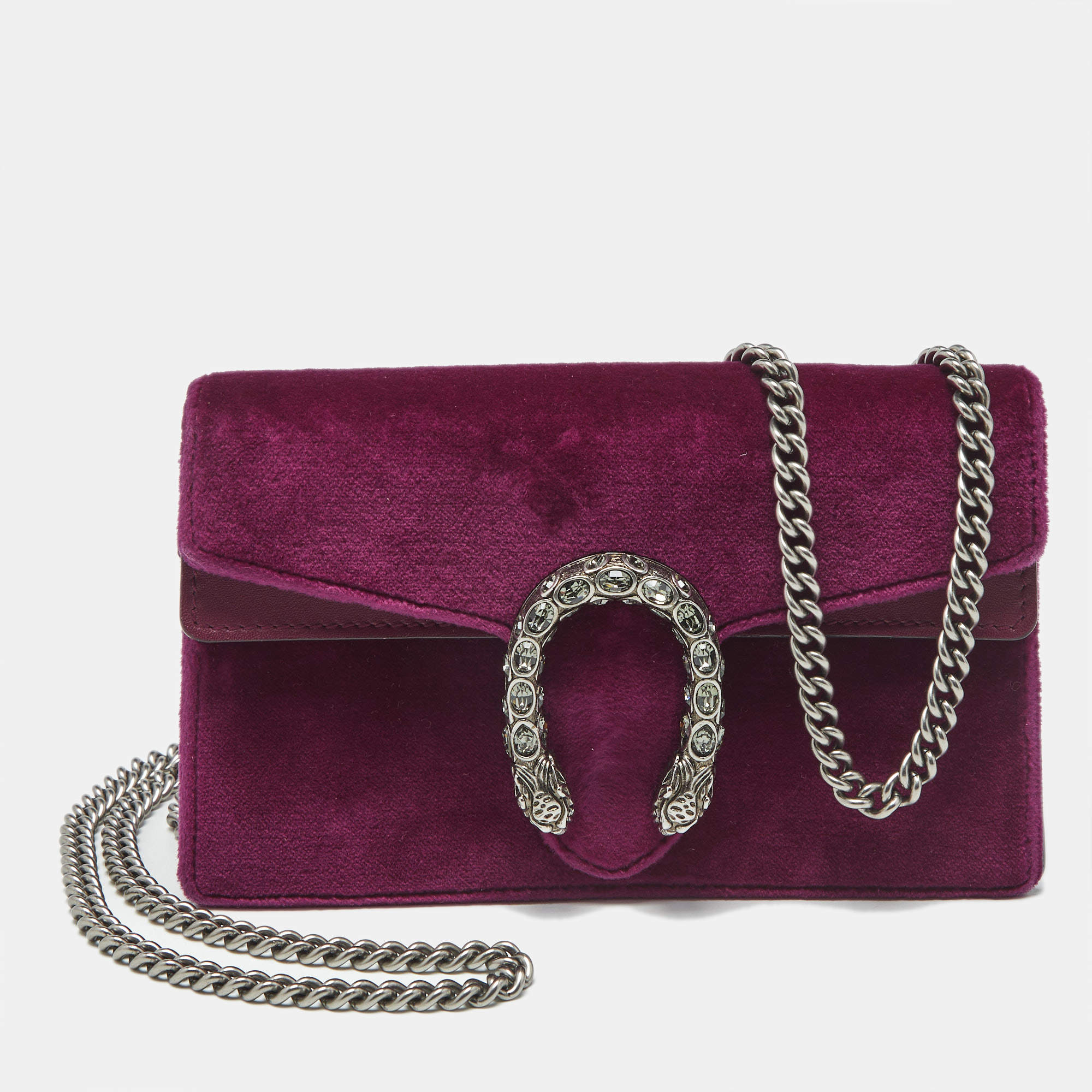 Pre Owned Gucci Purple Velvet and Leather Super Mini Dionysus Crystals Shoulder Bag