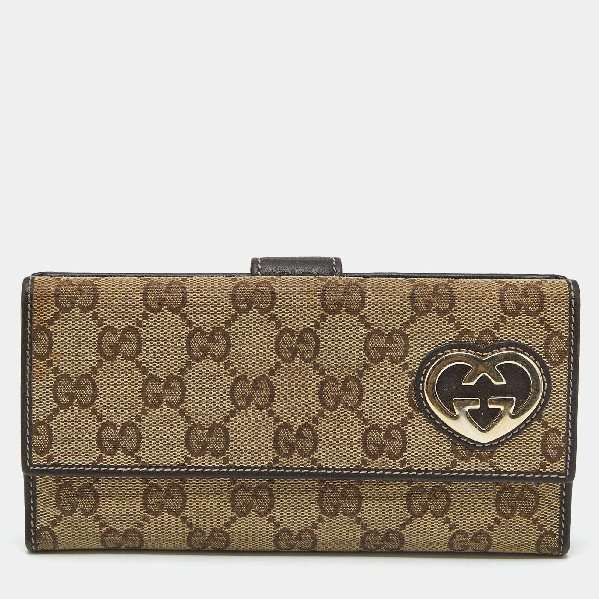 Pre Owned Gucci Beige/Brown GG Canvas Lovely Heart Continental Wallet