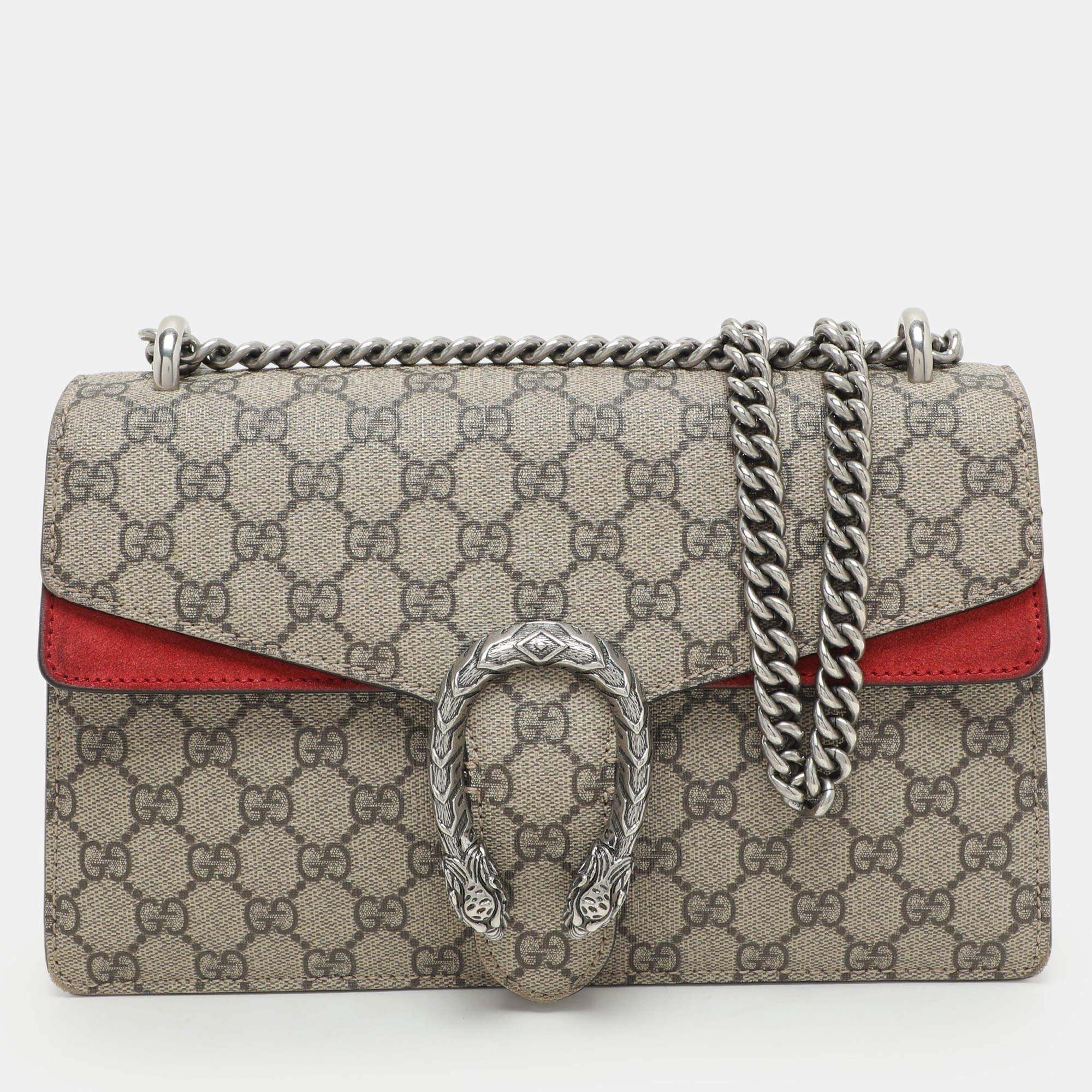 Pre Owned Gucci Beige GG Supreme Canvas and Suede Small Dionysus Shoulder Bag