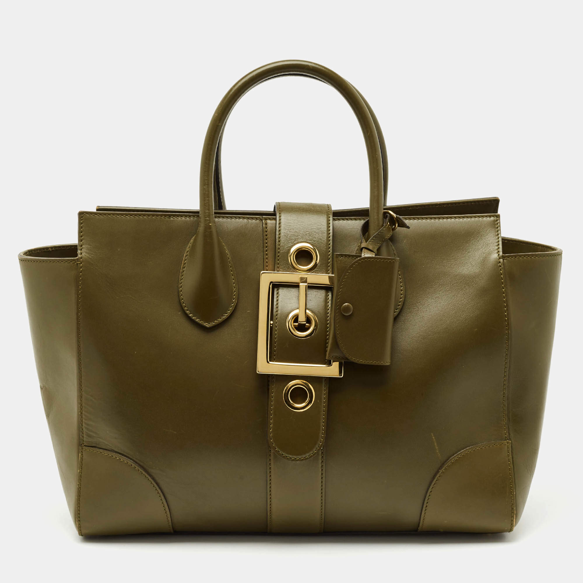 Pre Owned Gucci Olive Green Leather Lady Buckle Tote