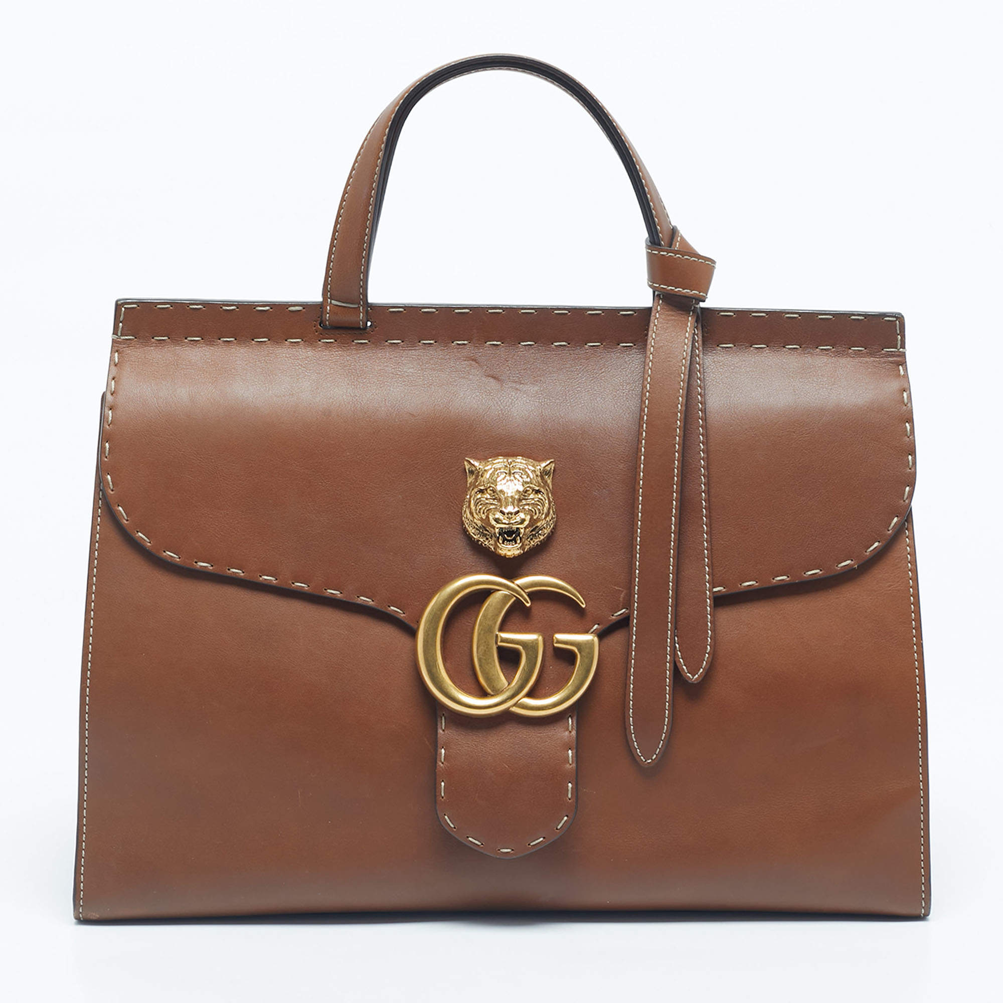 Pre Owned Gucci Brown Leather Medium GG Marmont Animalier Top Handle Bag