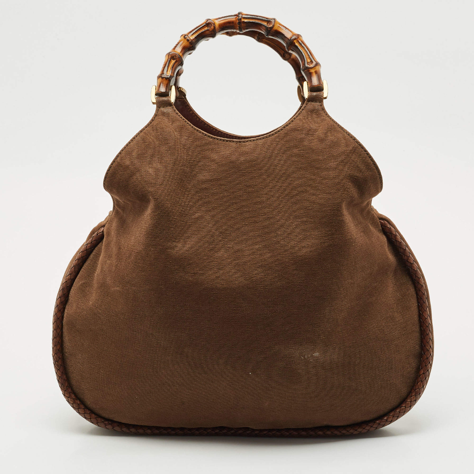 Pre Owned Gucci Brown Canvas Bamboo Handle Hobo