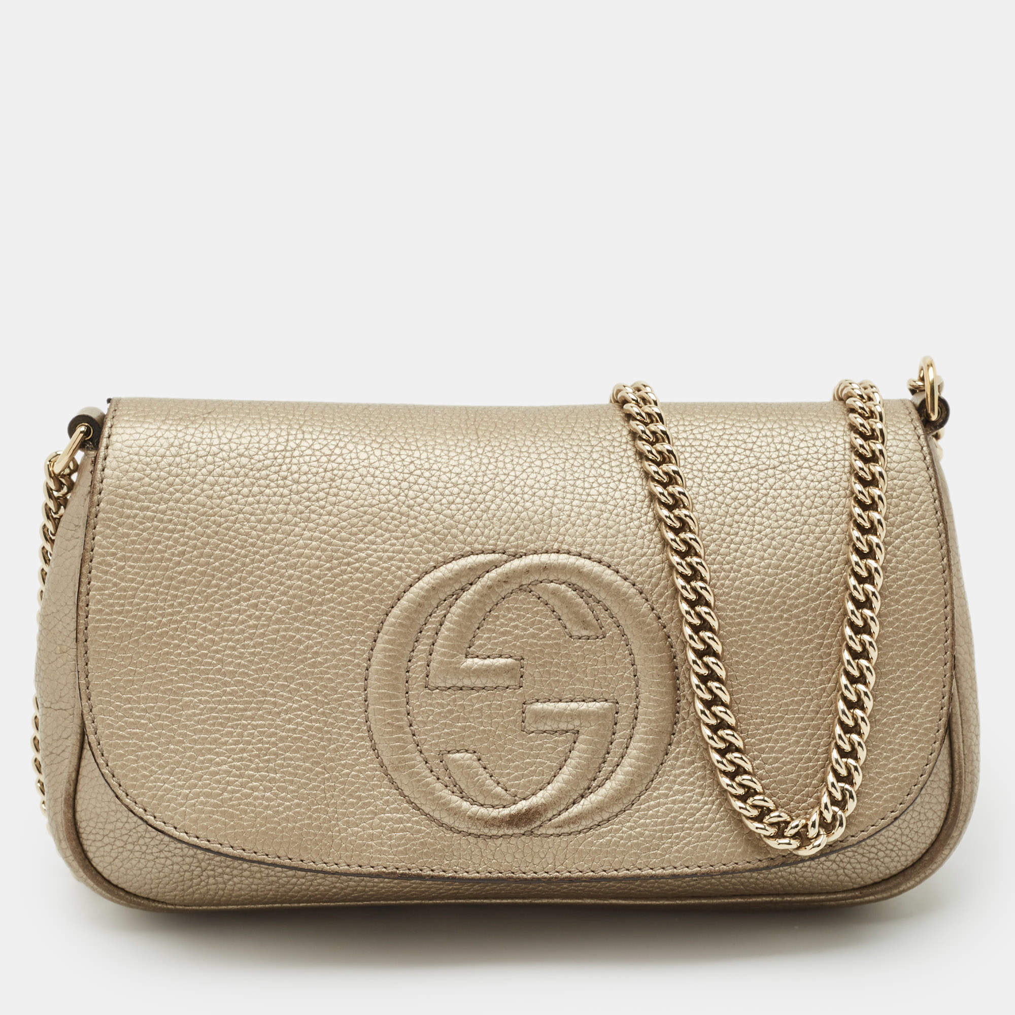 Pre Owned Gucci Beige Leather Soho Flap Chain Shoulder Bag