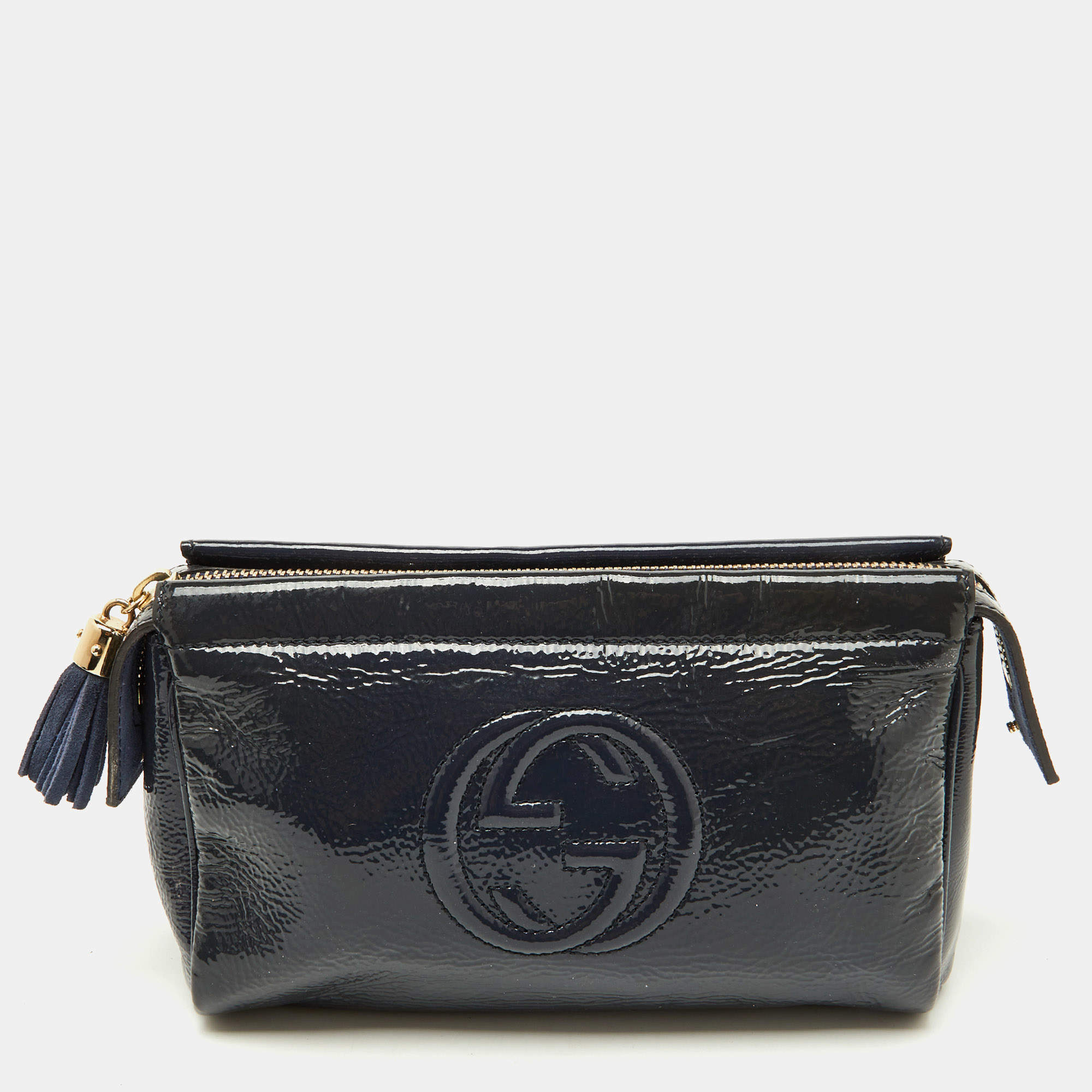 Pre Owned Gucci Navy Blue Patent Leather Soho Cosmetic Pouch Clutch