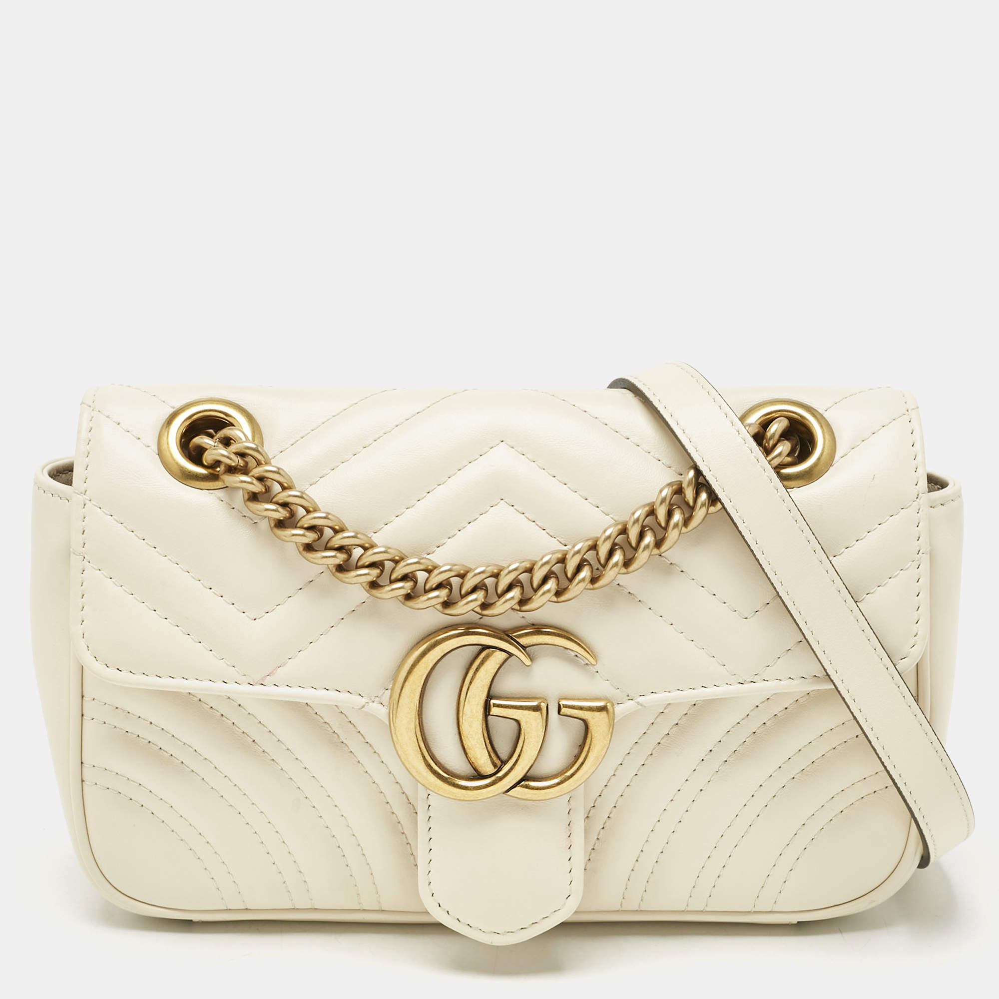 Pre Owned Gucci Off White Matelassé Leather Mini GG Marmont Shoulder Bag