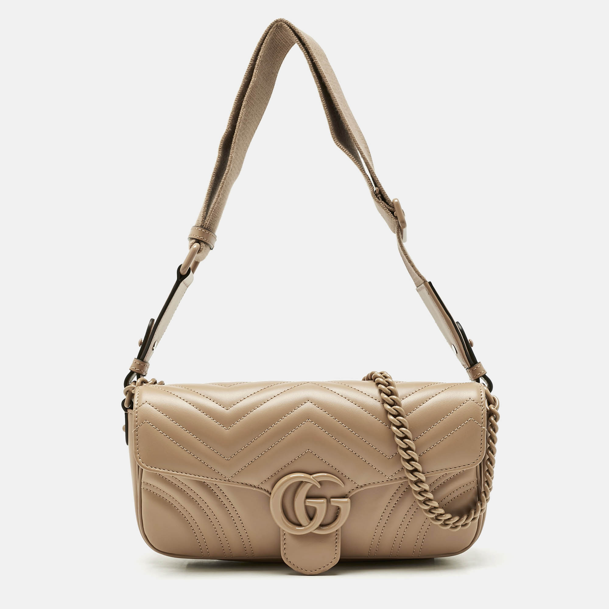 Pre Owned Gucci Beige Matelassé Leather Small GG Marmont Shoulder Bag