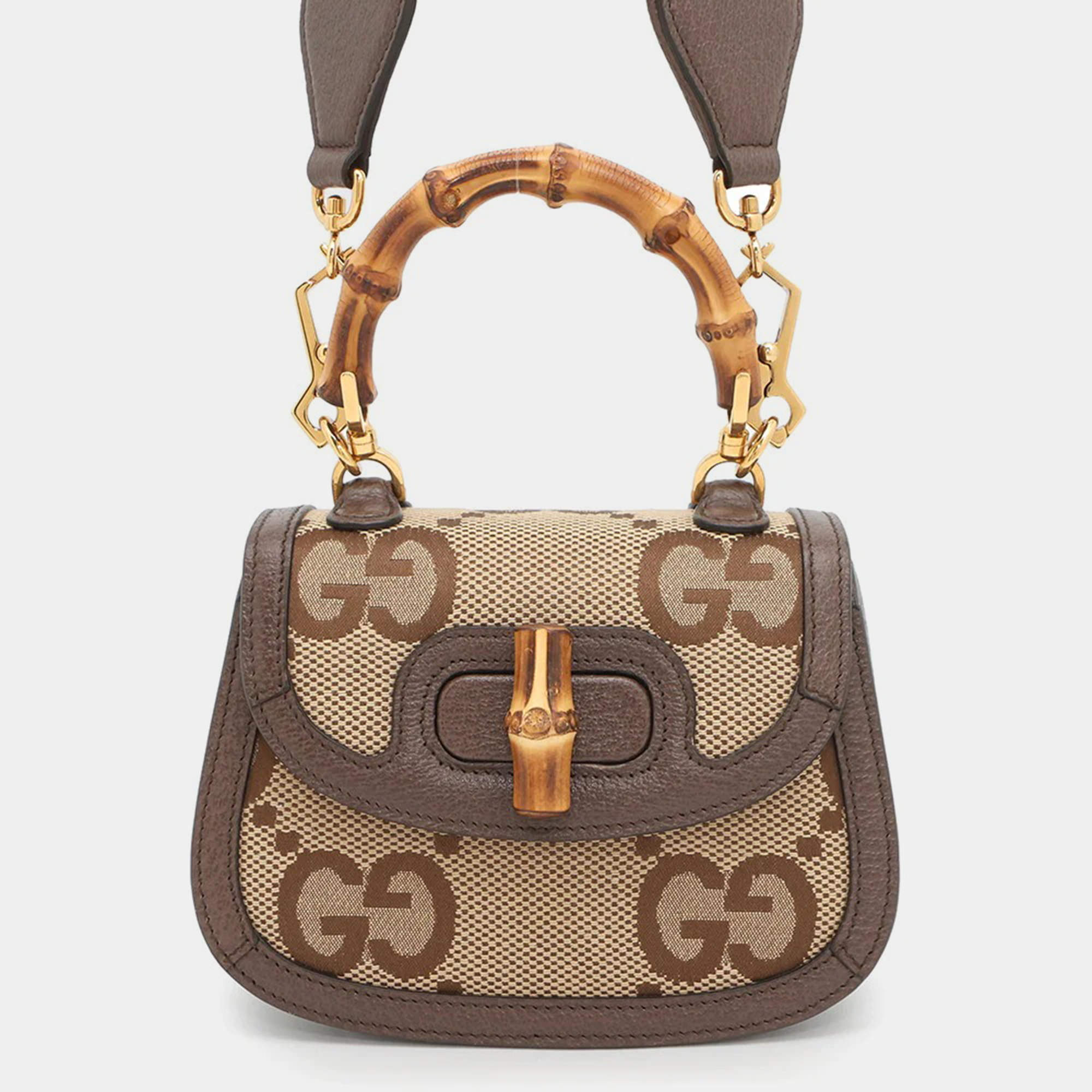 Pre Owned Gucci Bamboo 1947 Mini Beige Brown Jumbo GG Canvas Leather 2-Way Handbag