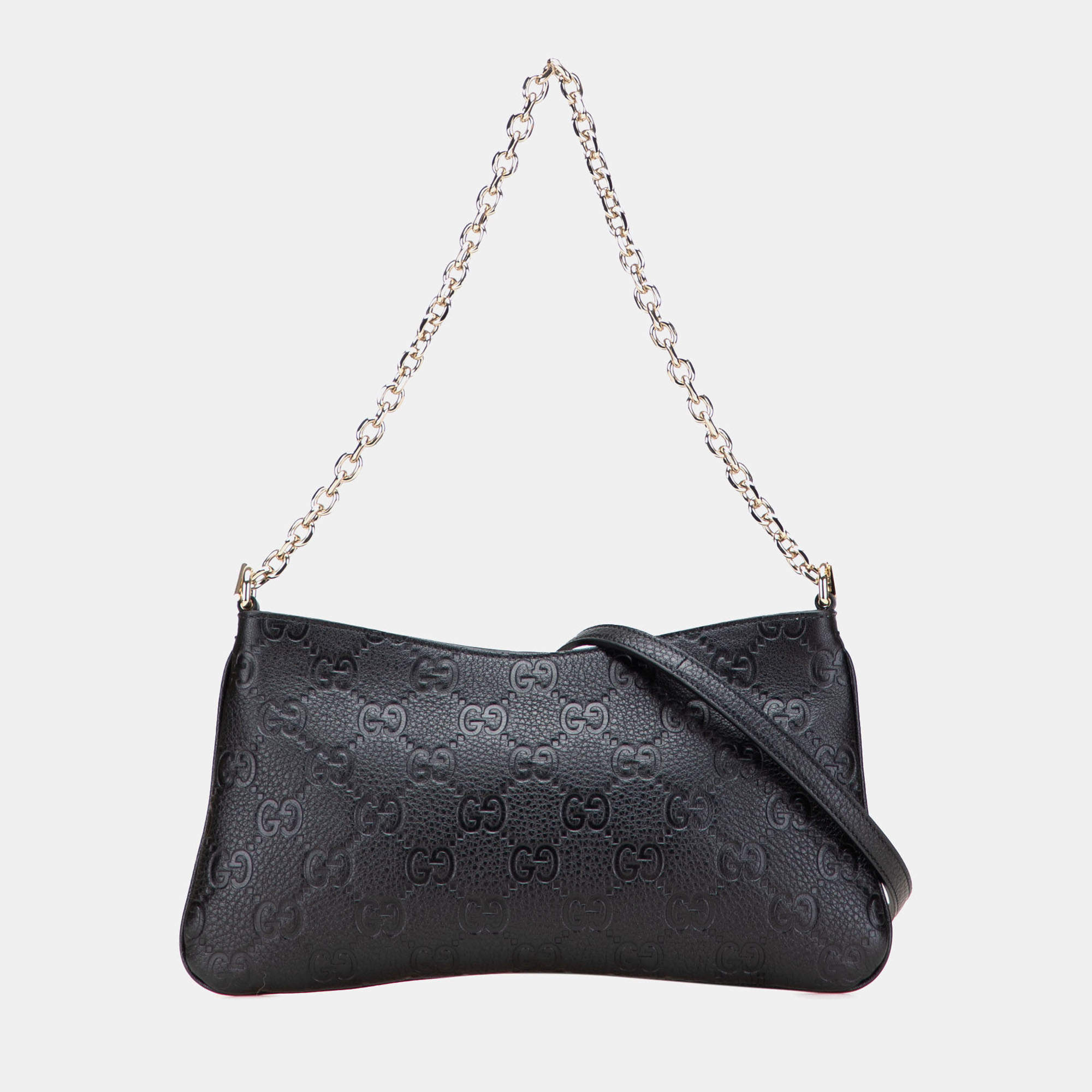 Pre Owned Gucci Black Medium GG Emblem Embossed Leather Shoulder Bag