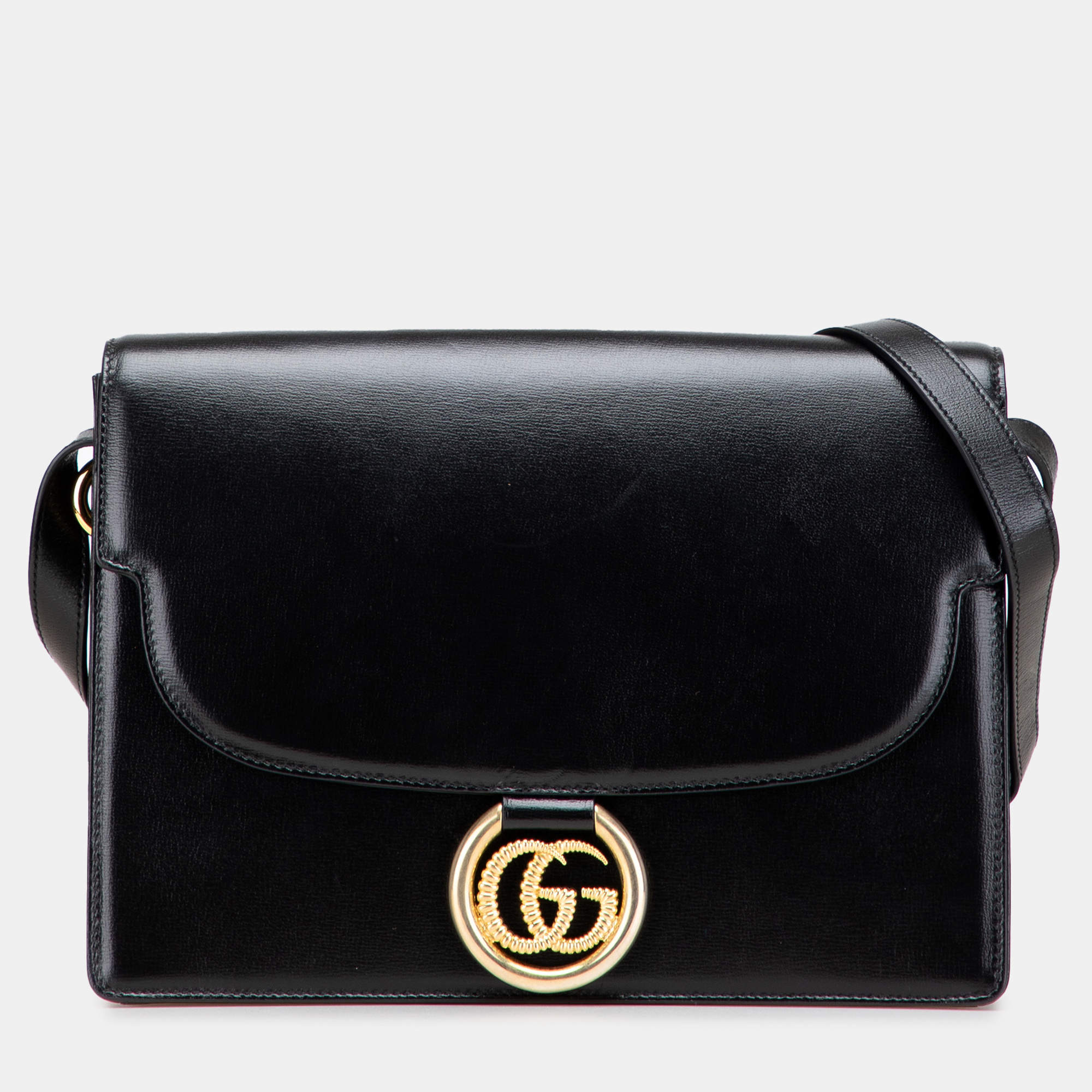 Pre Owned Gucci Black Medium Textured Calfskin GG Torchon Ring Crossbody Bag
