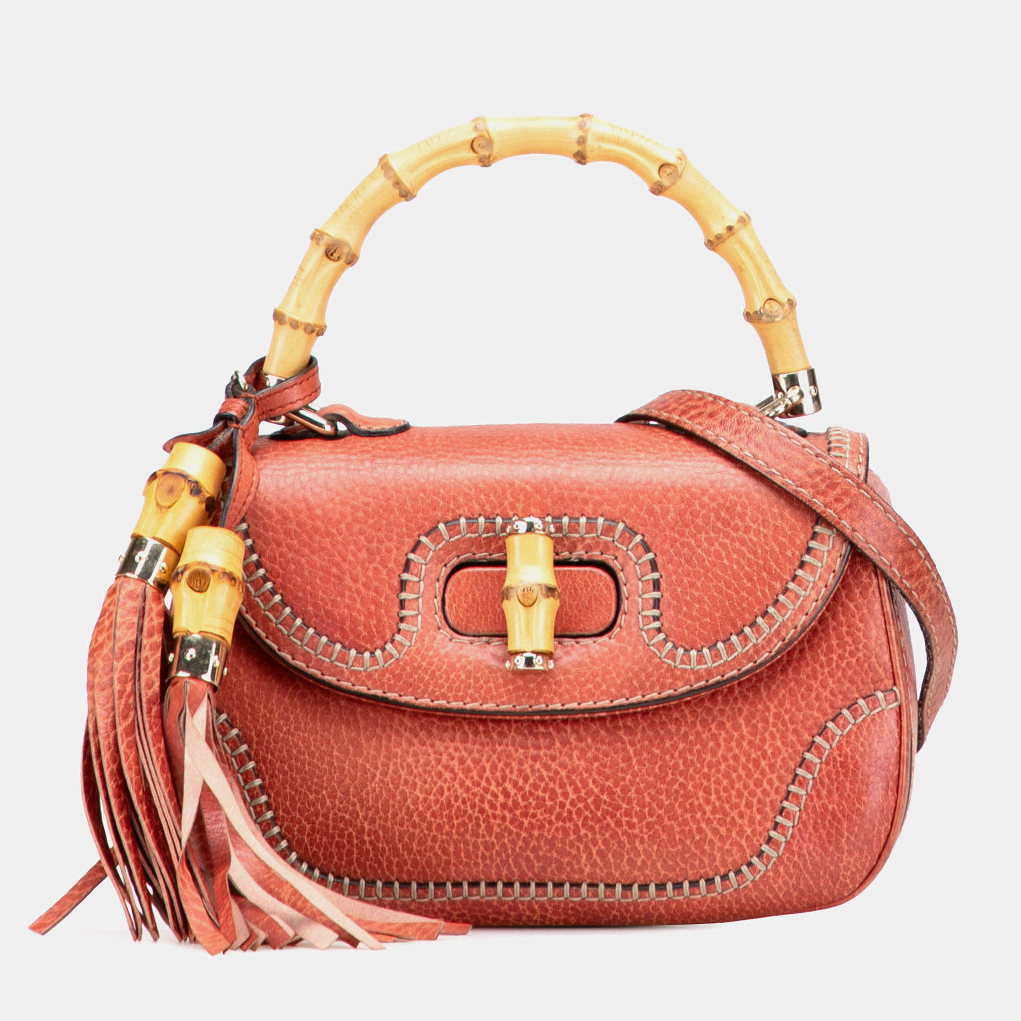 Pre Owned Gucci Red Small Leather New Bamboo Satchel