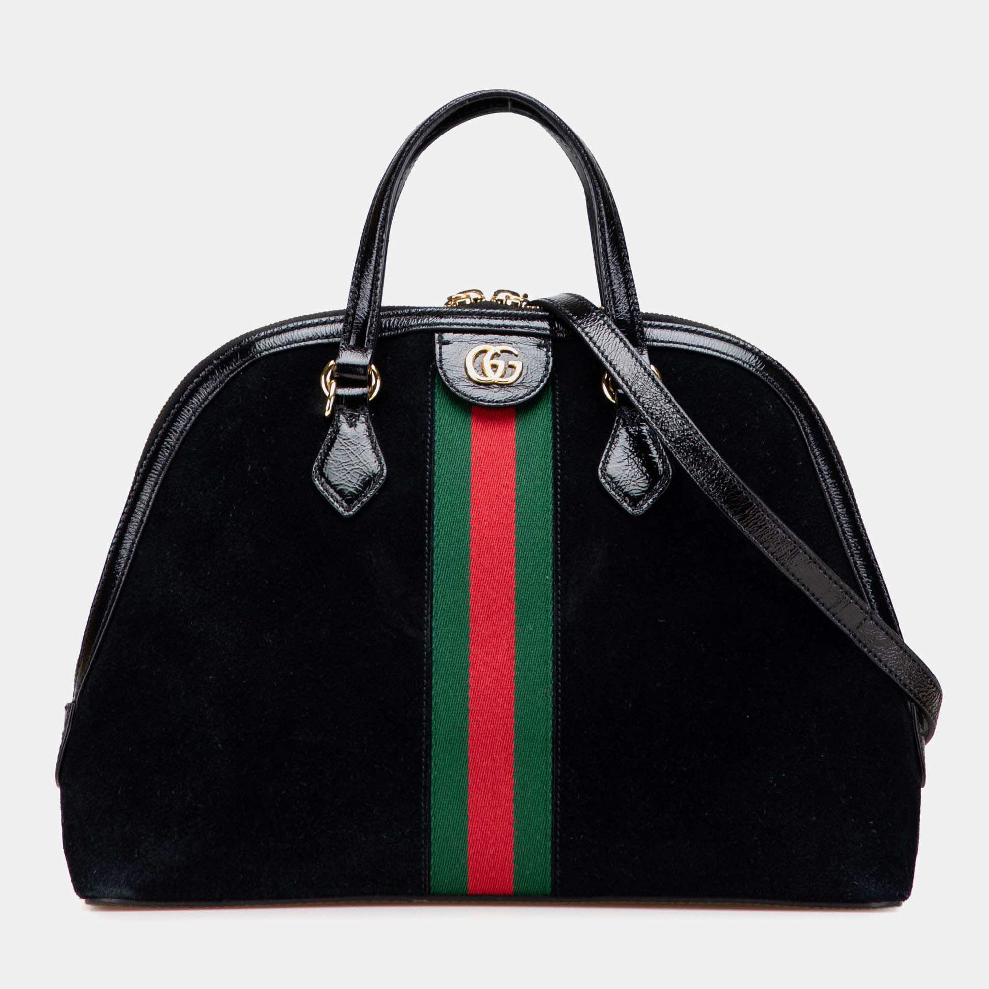Pre Owned Gucci Black Medium Suede Ophidia Web Dome Satchel