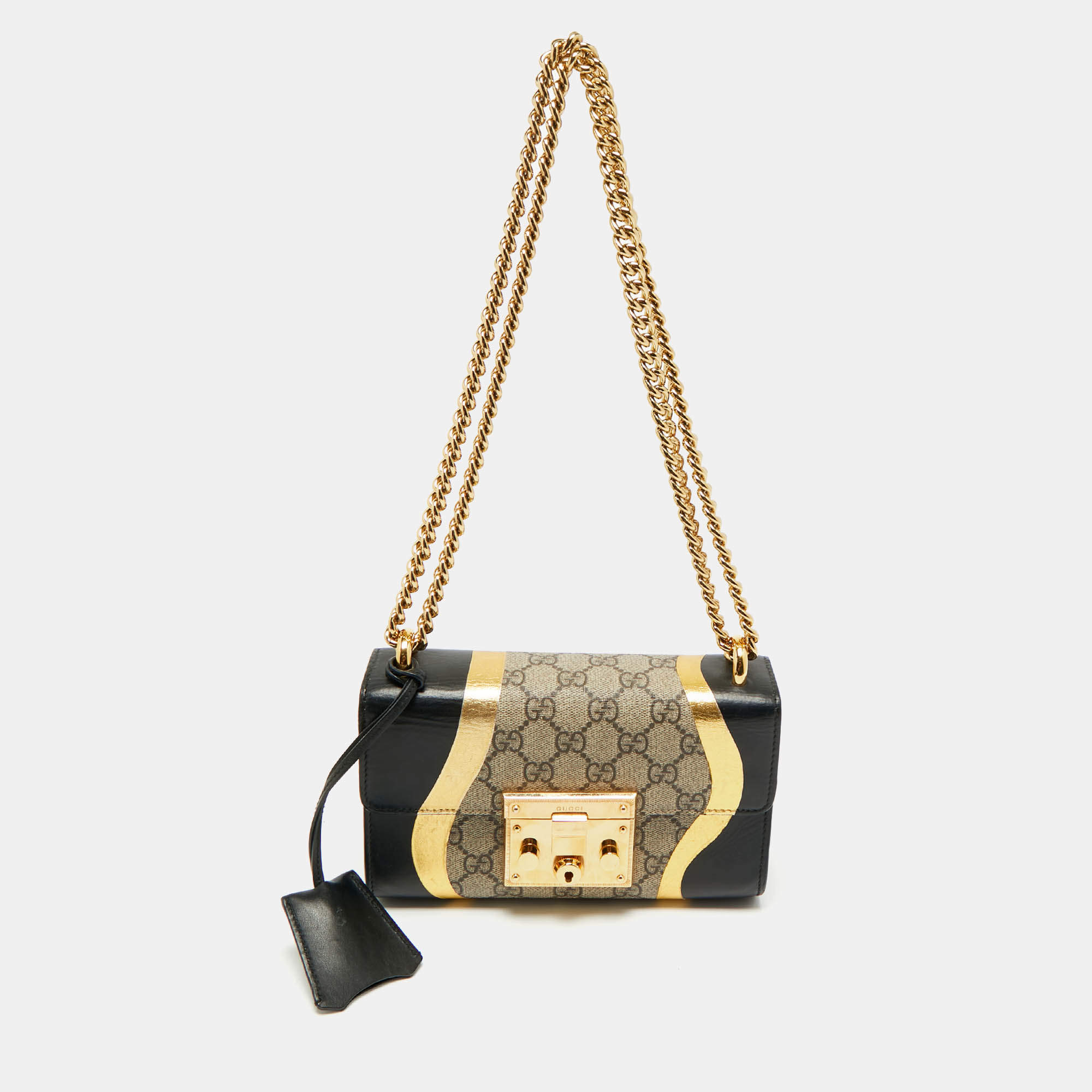 Pre Owned Gucci Black/Gold GG Supreme Canvas and Leather Small Padlock Shoulder Bag