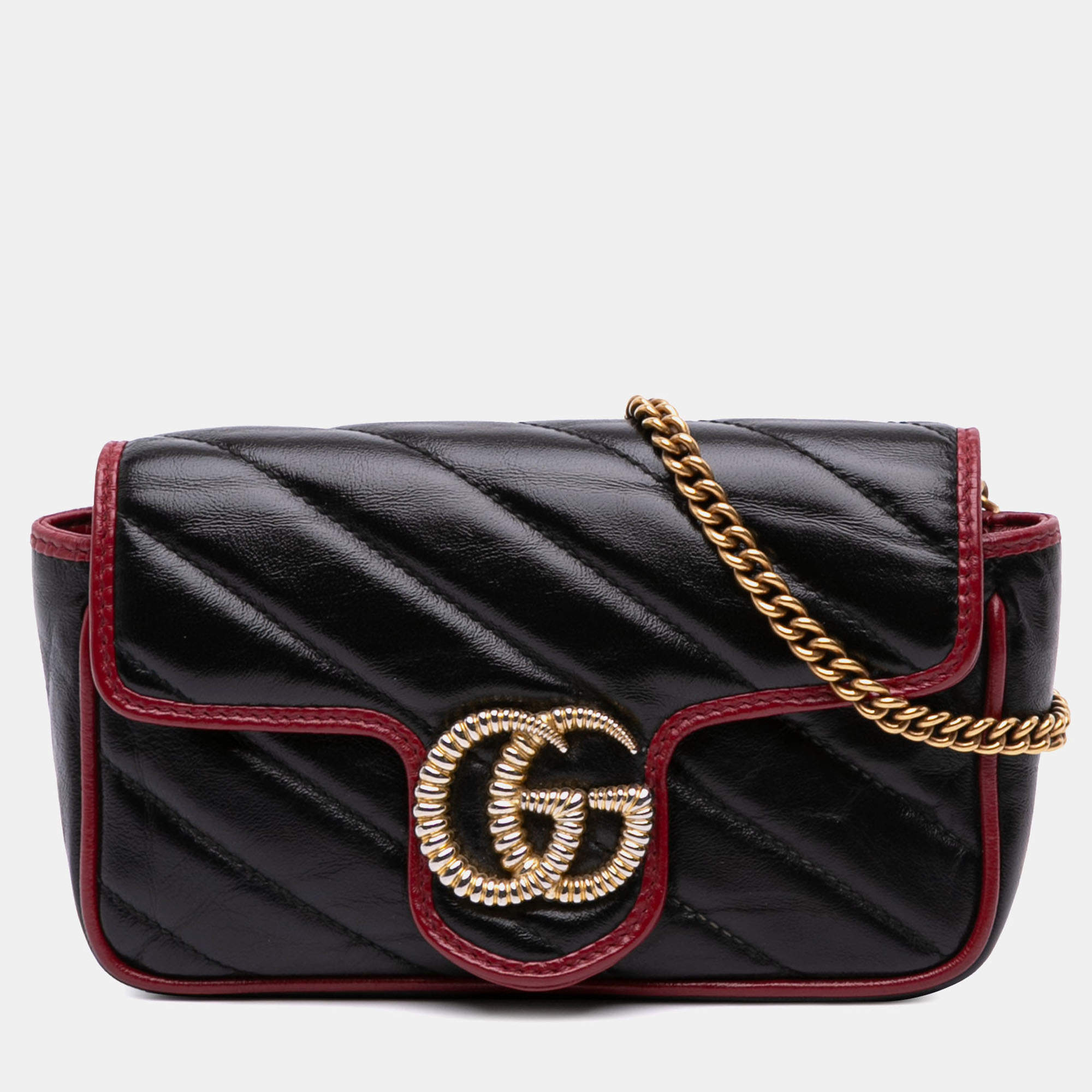 Pre Owned Gucci Black Super Mini GG Marmont Matelasse Leather Torchon Flap Crossbody