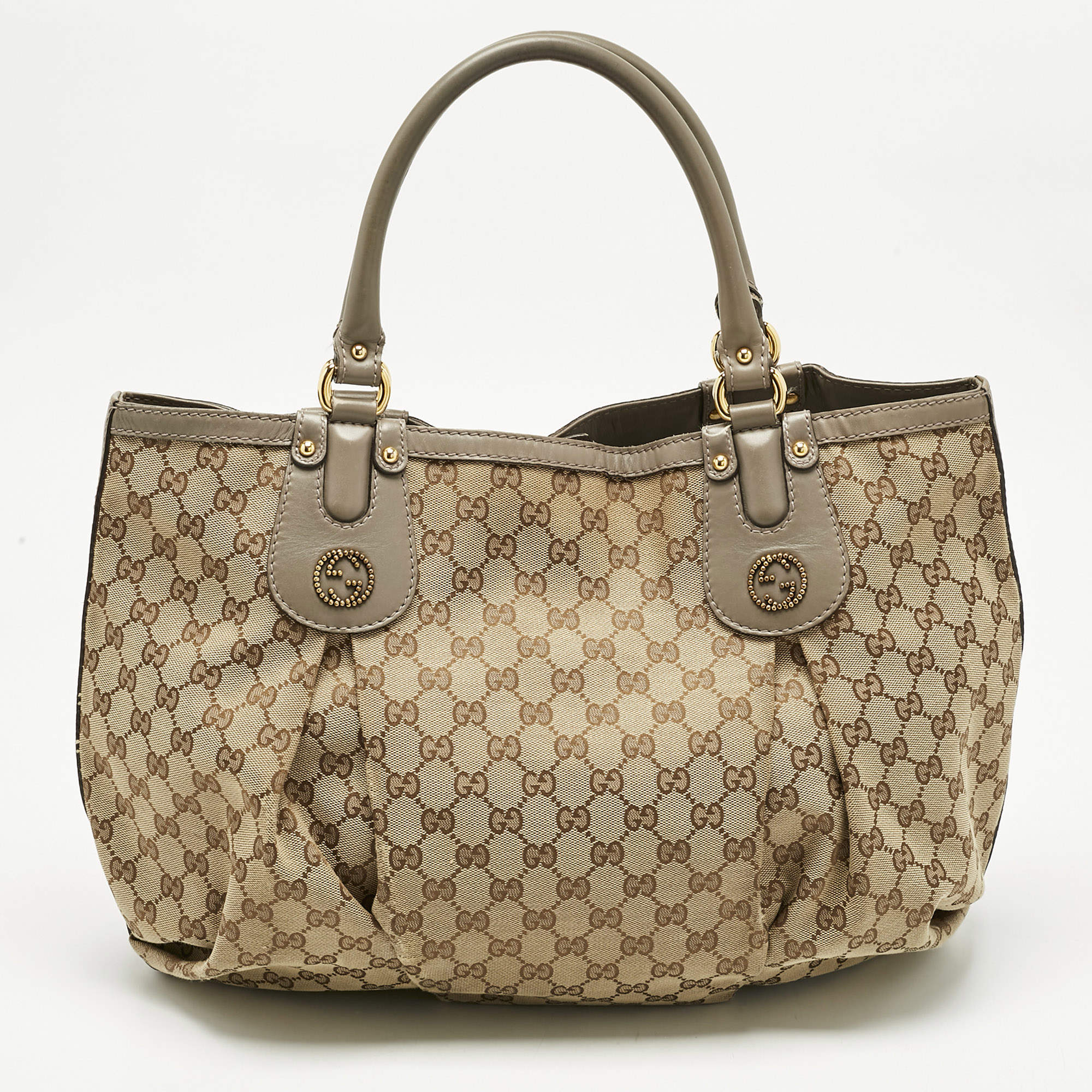 Pre Owned Gucci Grey/Beige GG Canvas and Leather Large Scarlett Stud Tote