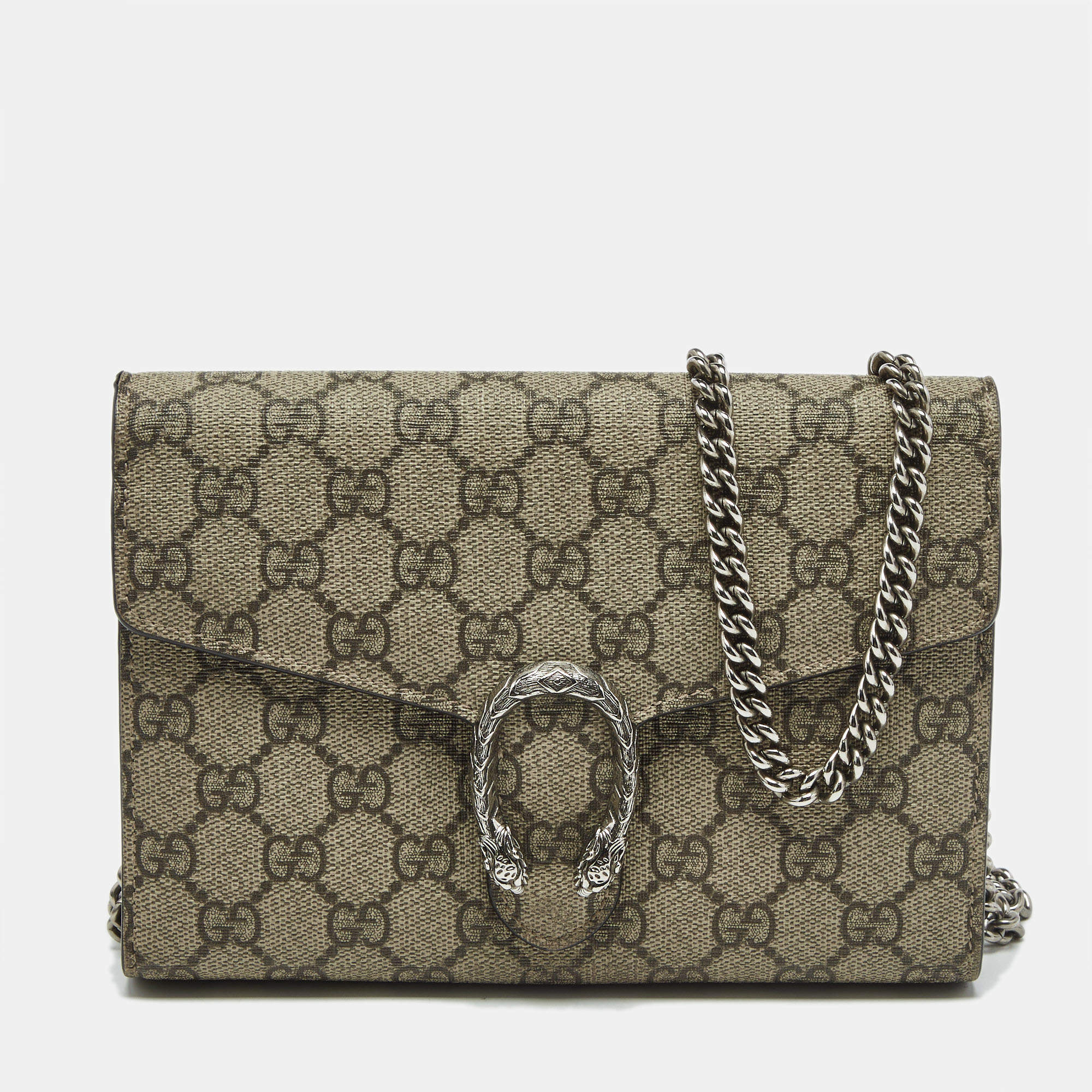 Pre Owned Gucci Beige/Brown GG Supreme Canvas and Leather Dionysus Wallet on Chain