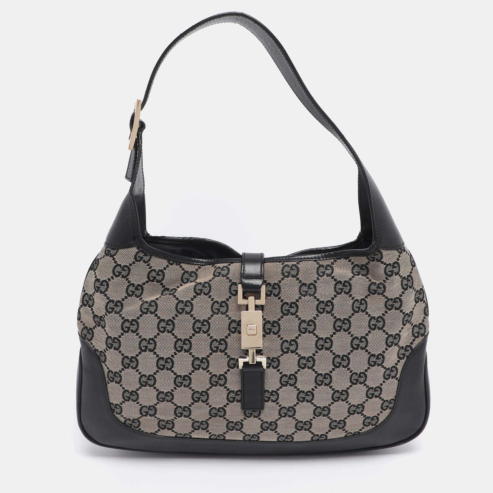 Pre Owned Gucci Black/Beige GG Canvas and Leather Jackie Hobo
