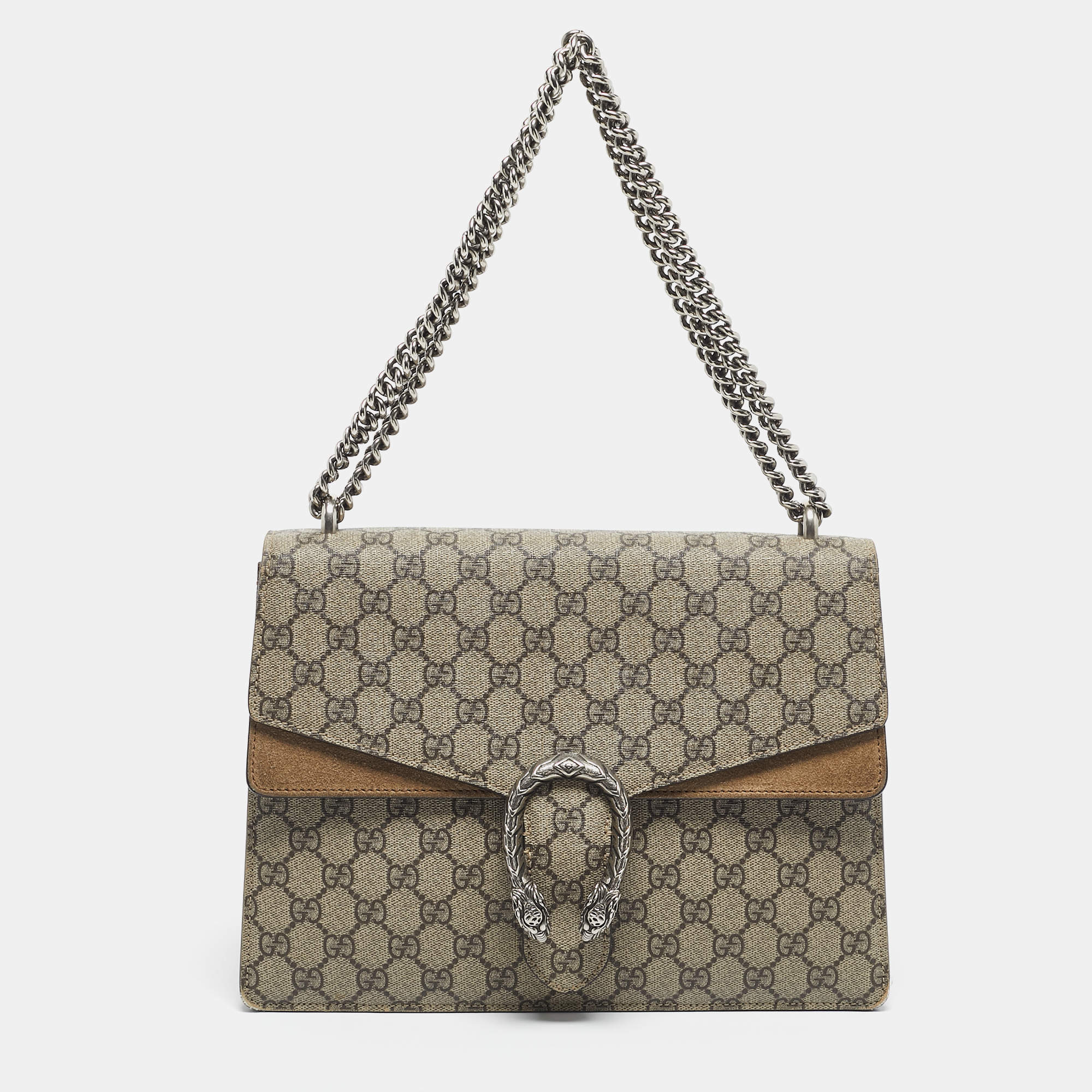 Pre Owned Gucci Beige GG Supreme Canvas and Suede Medium Dionysus Shoulder Bag