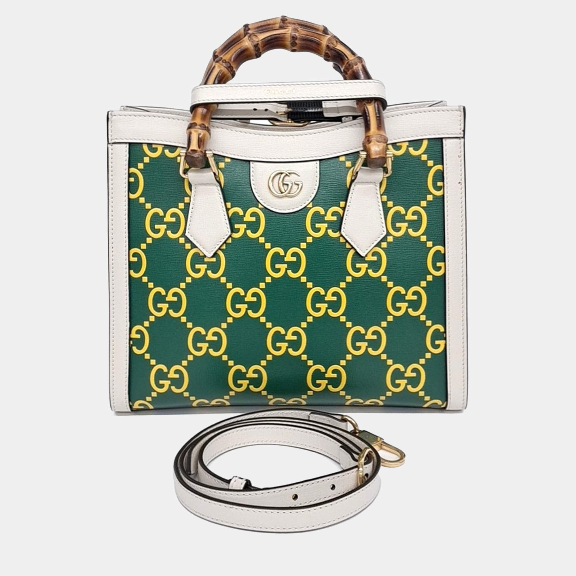 Pre Owned Gucci Green Leather Diana Bamboo Tote Bag Small