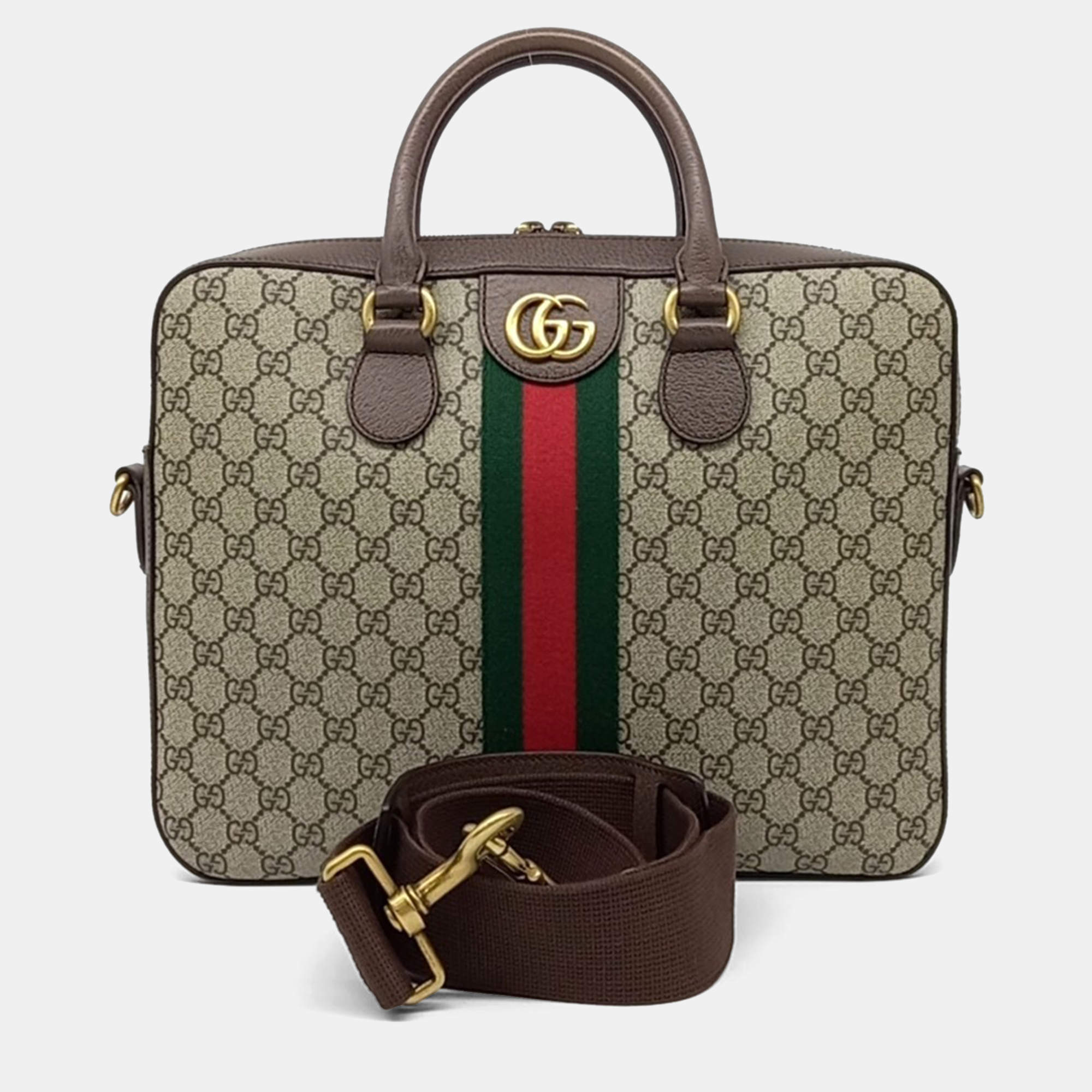 Pre Owned Gucci Beige Brown Canvas and Leather Ophidia Briefcase