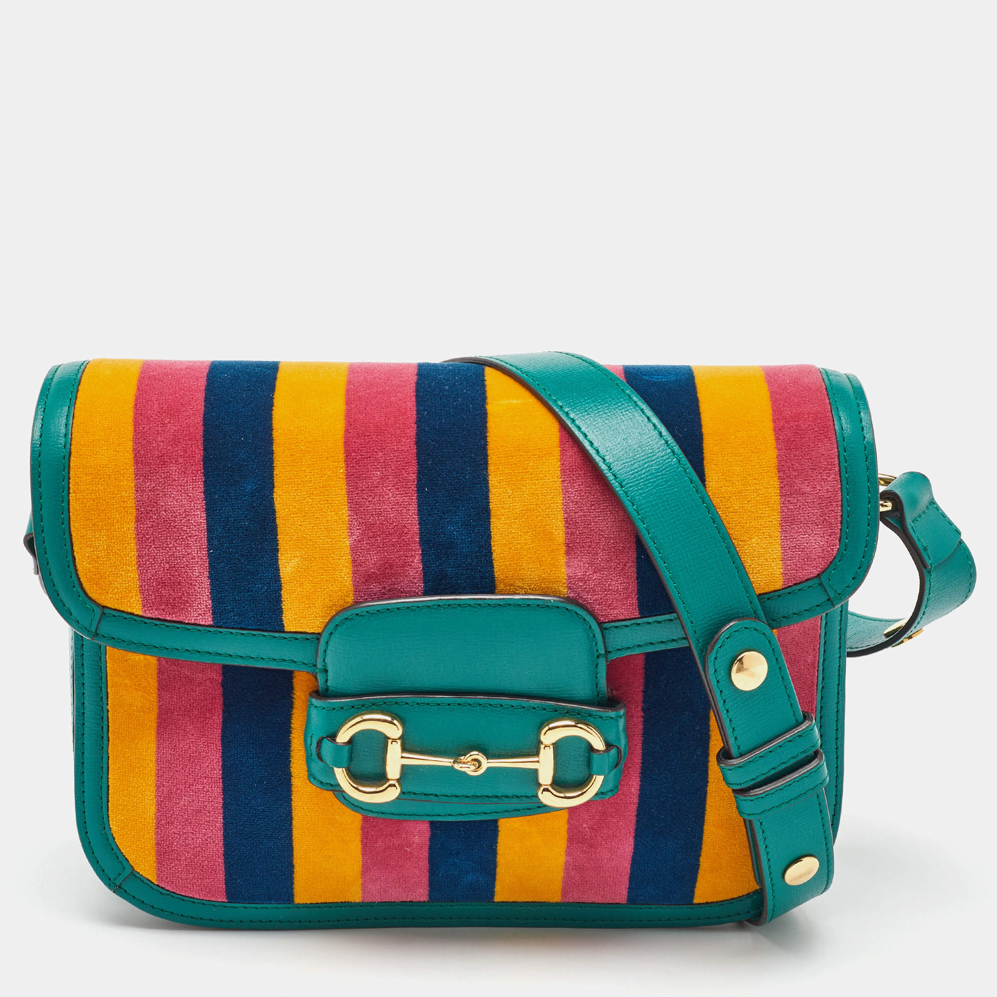 Pre Owned Gucci Multicolor Baiadera Stripe Velvet and Leather Horsebit 1955 Shoulder Bag