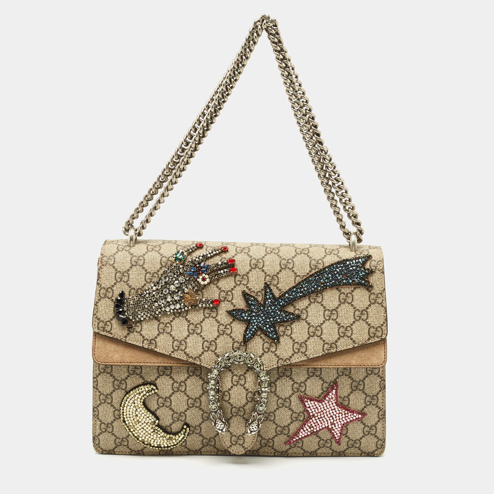 Pre Owned Gucci Beige GG Supreme Canvas and Suede Medium Crystals Embellished Dionysus Shoulder Bag
