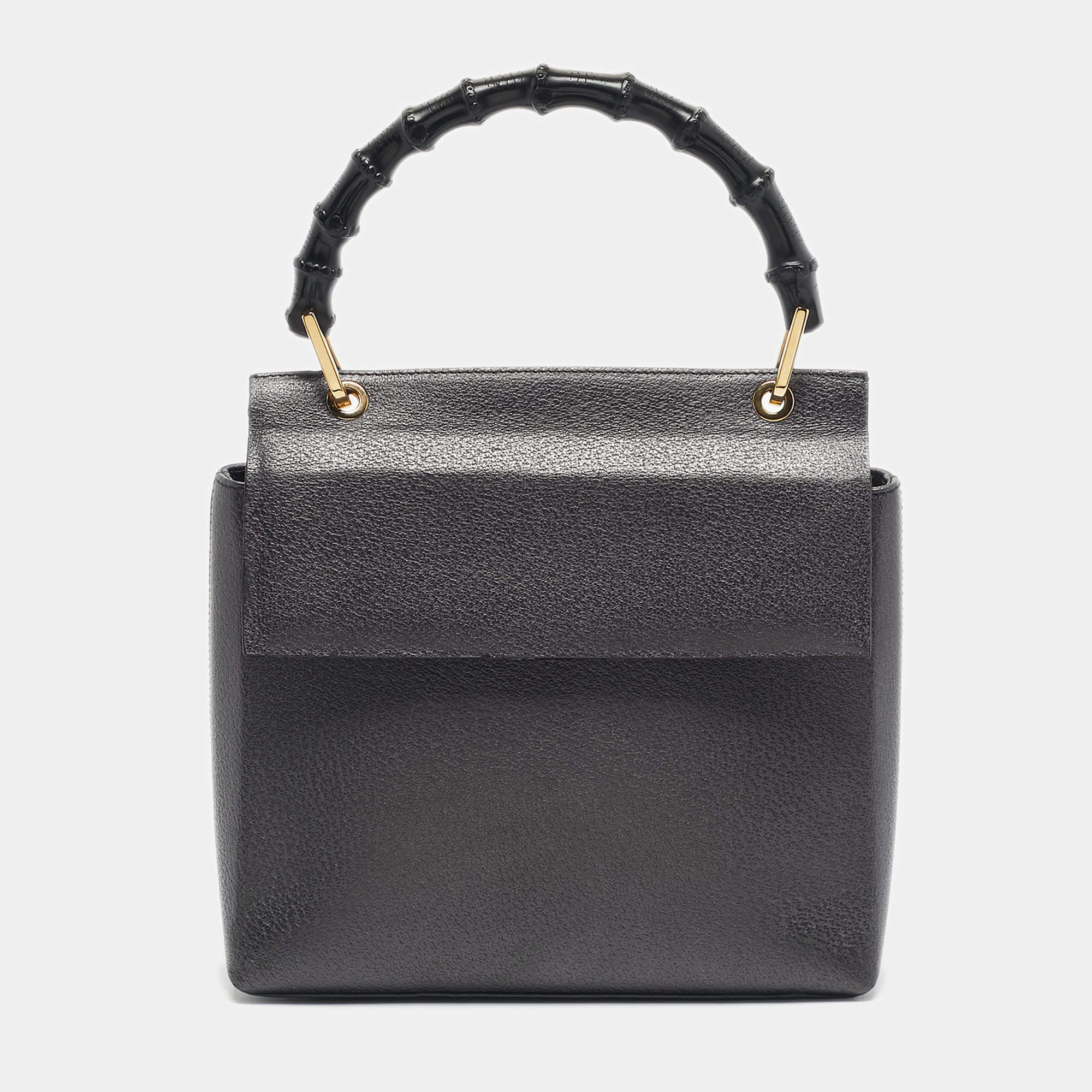 Pre Owned Gucci Black Leather Bamboo Top Handle Bag