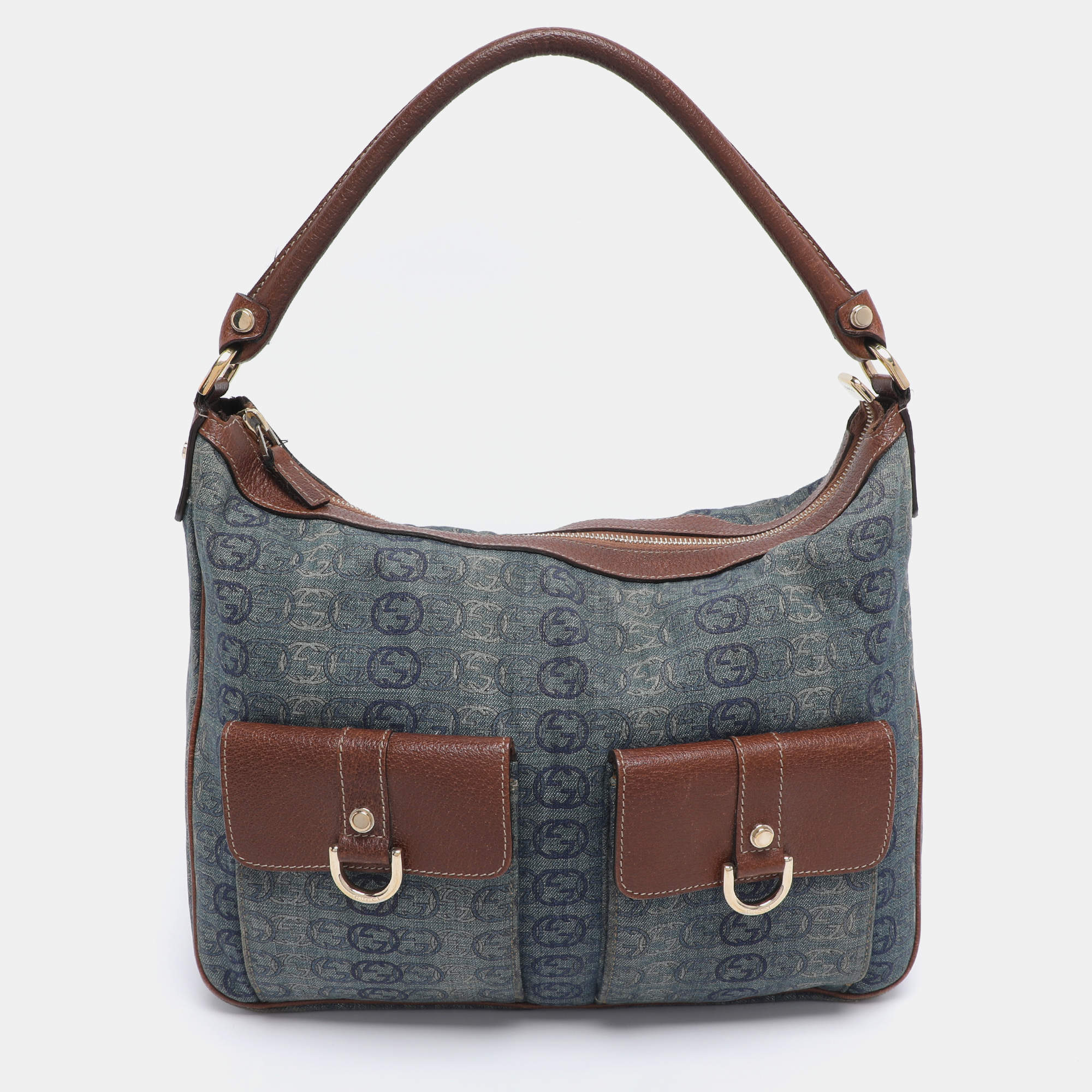 Pre Owned Gucci Blue/Brown GG Denim and Leather Abby Shoulder Bag