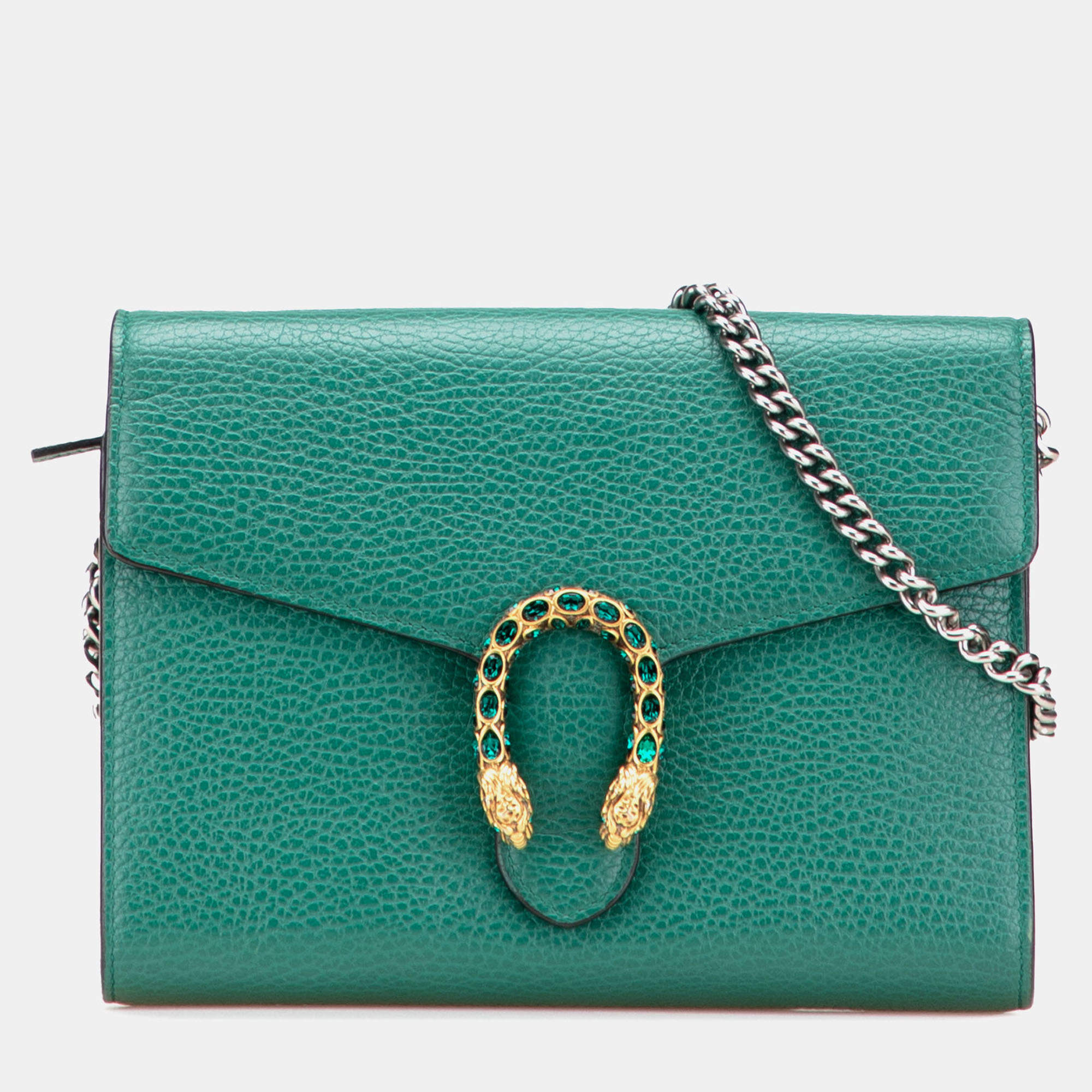 Pre Owned Gucci Green Mini Leather Dionysus Wallet on Chain