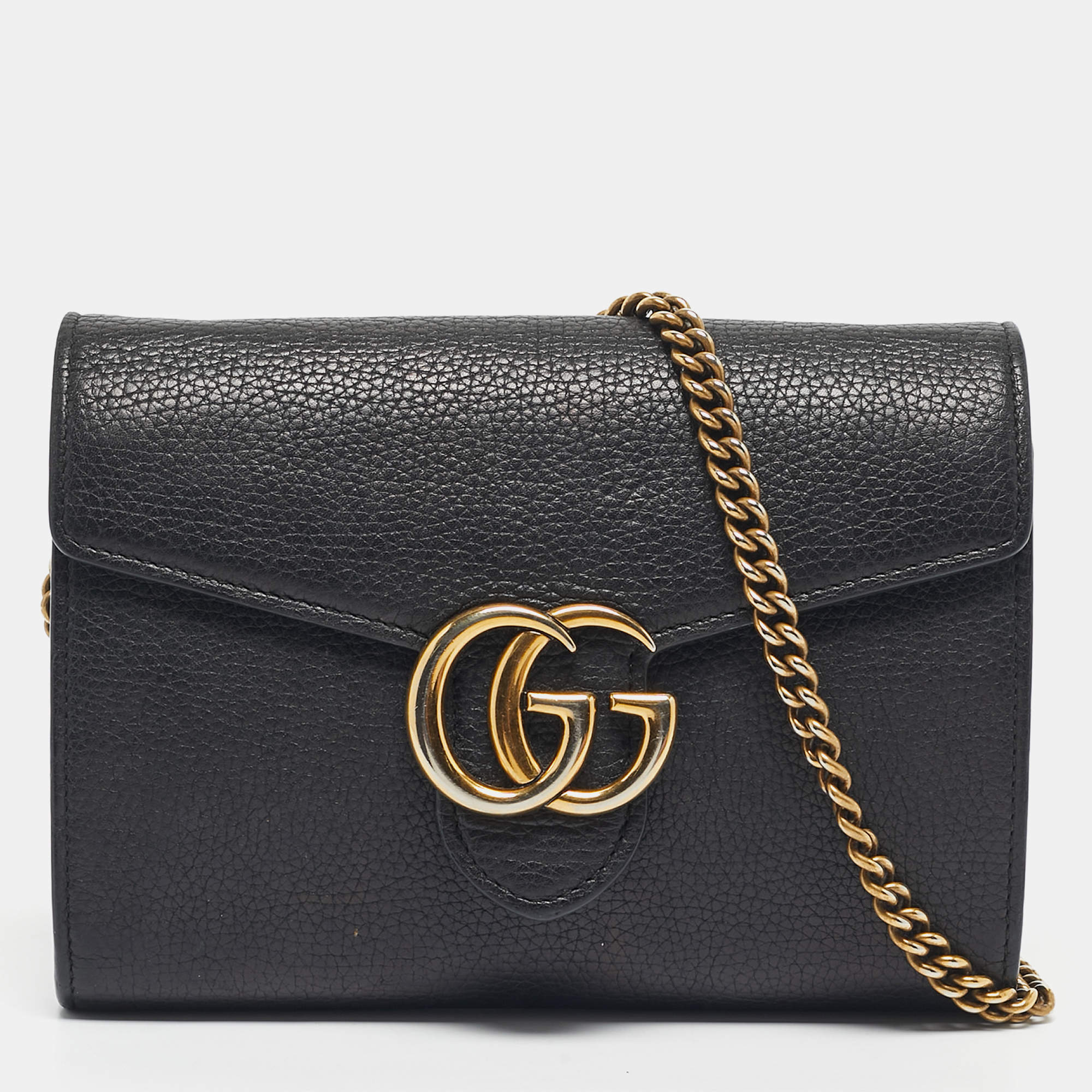 Pre Owned Gucci Black Leather GG Marmont Wallet on Chain