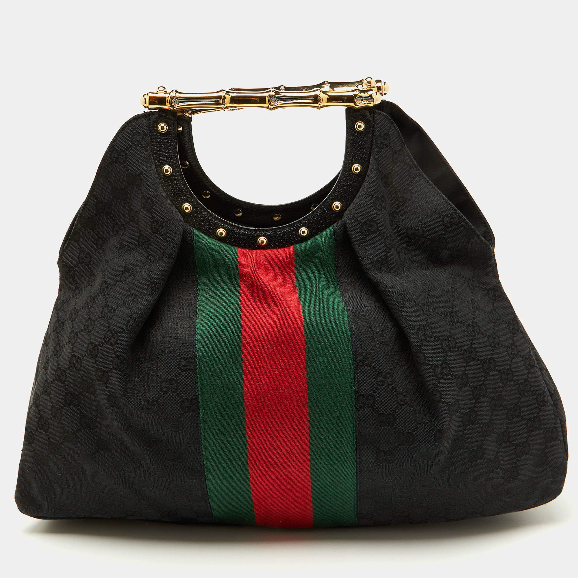 Pre Owned Gucci Black GG Canvas Web Detail Metal Bamboo Hobo
