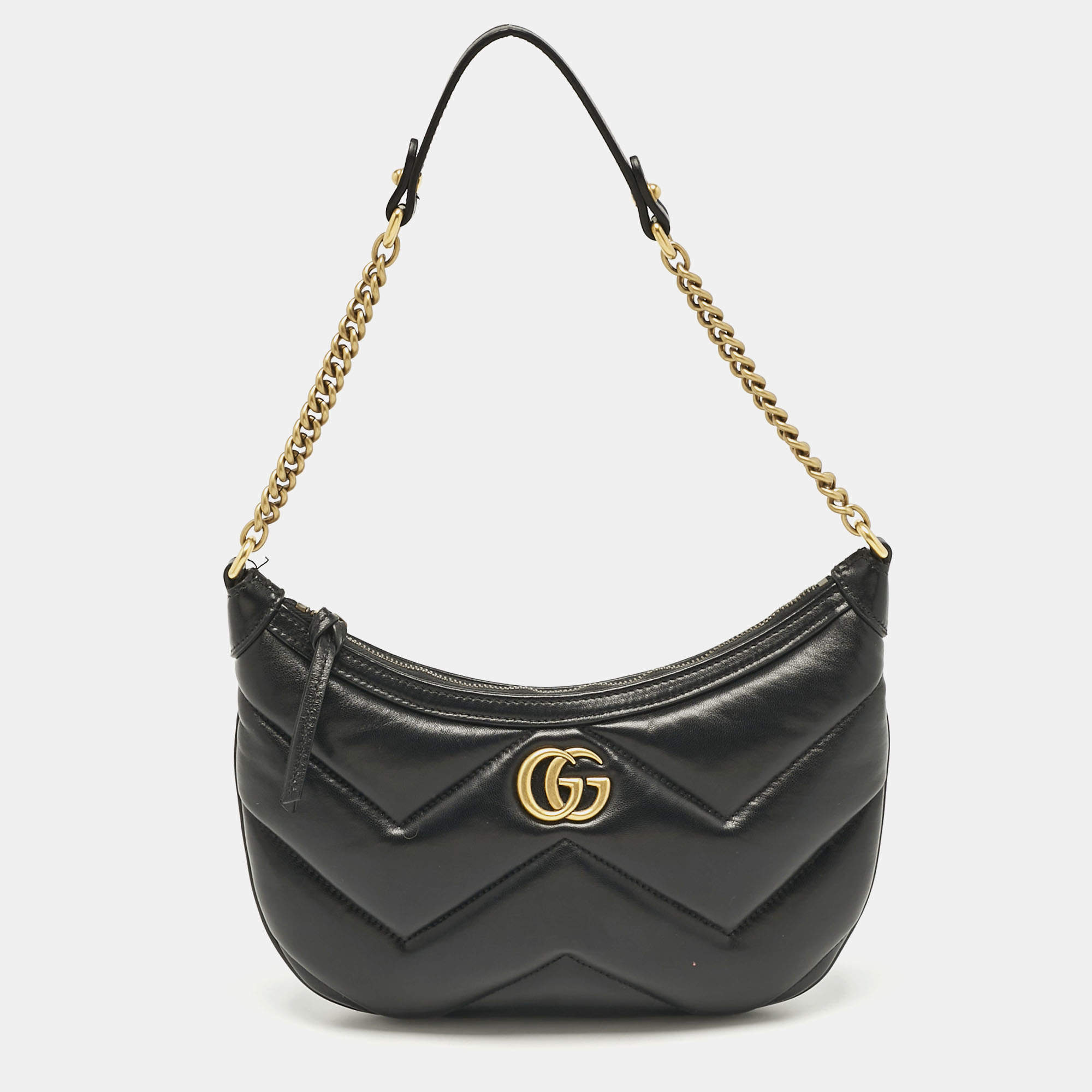 Pre Owned Gucci Black Matelassé Leather GG Marmont Zip Hobo