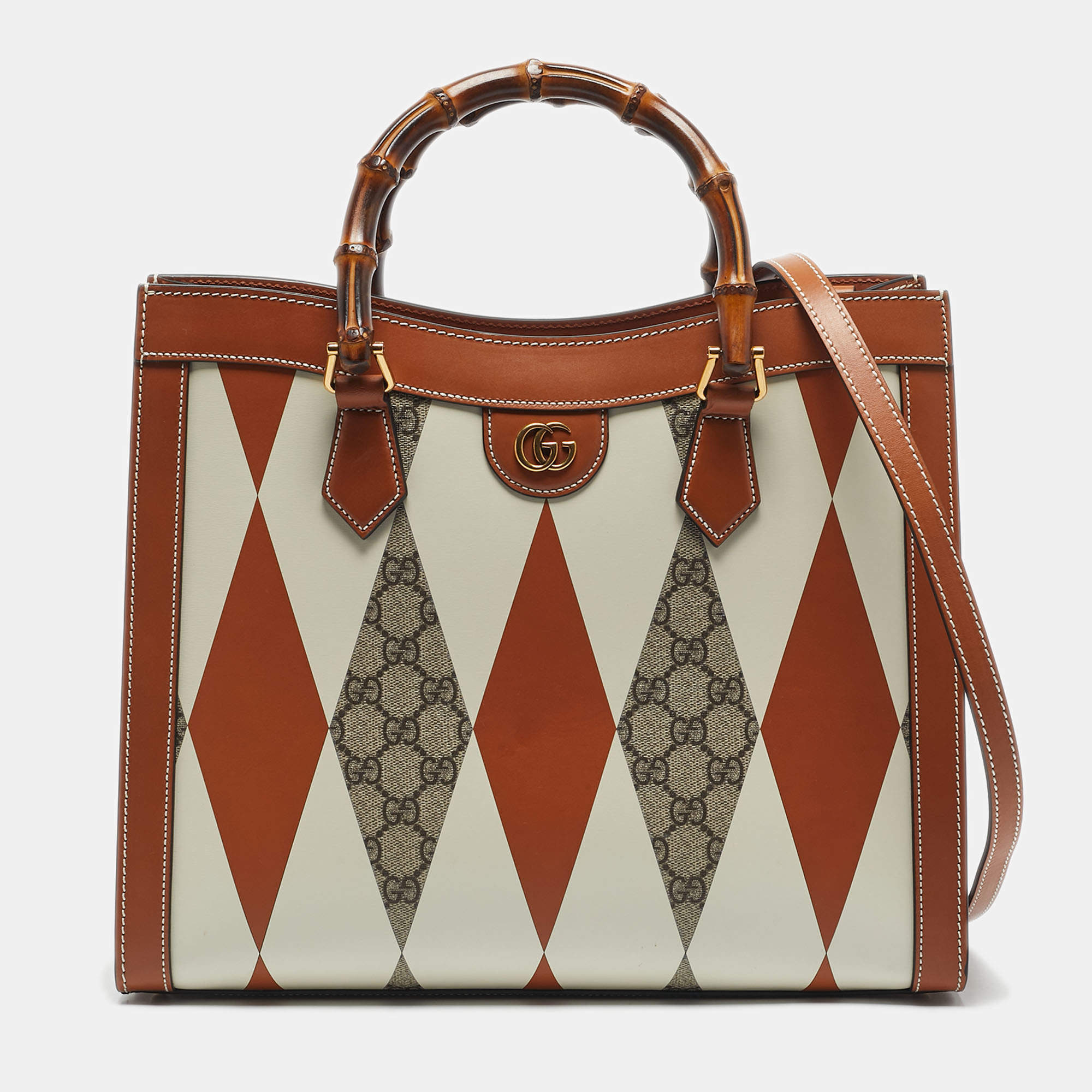 Pre Owned Gucci Brown/White Rhombus Print Leather Medium Diana Tote