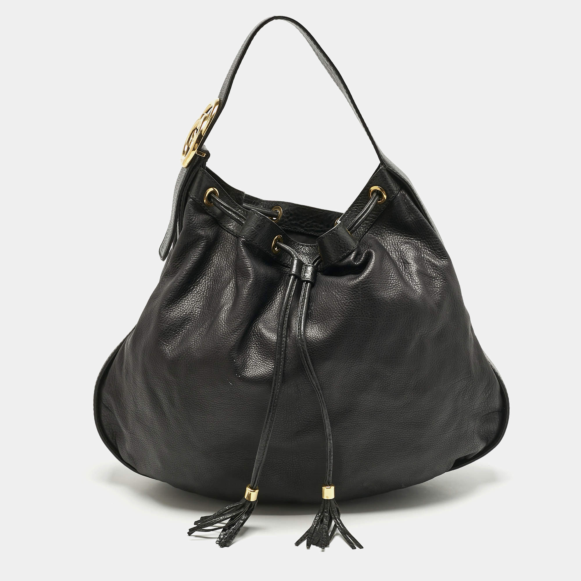 Pre Owned Gucci Black Leather Interlocking Icon Drawstring Hobo